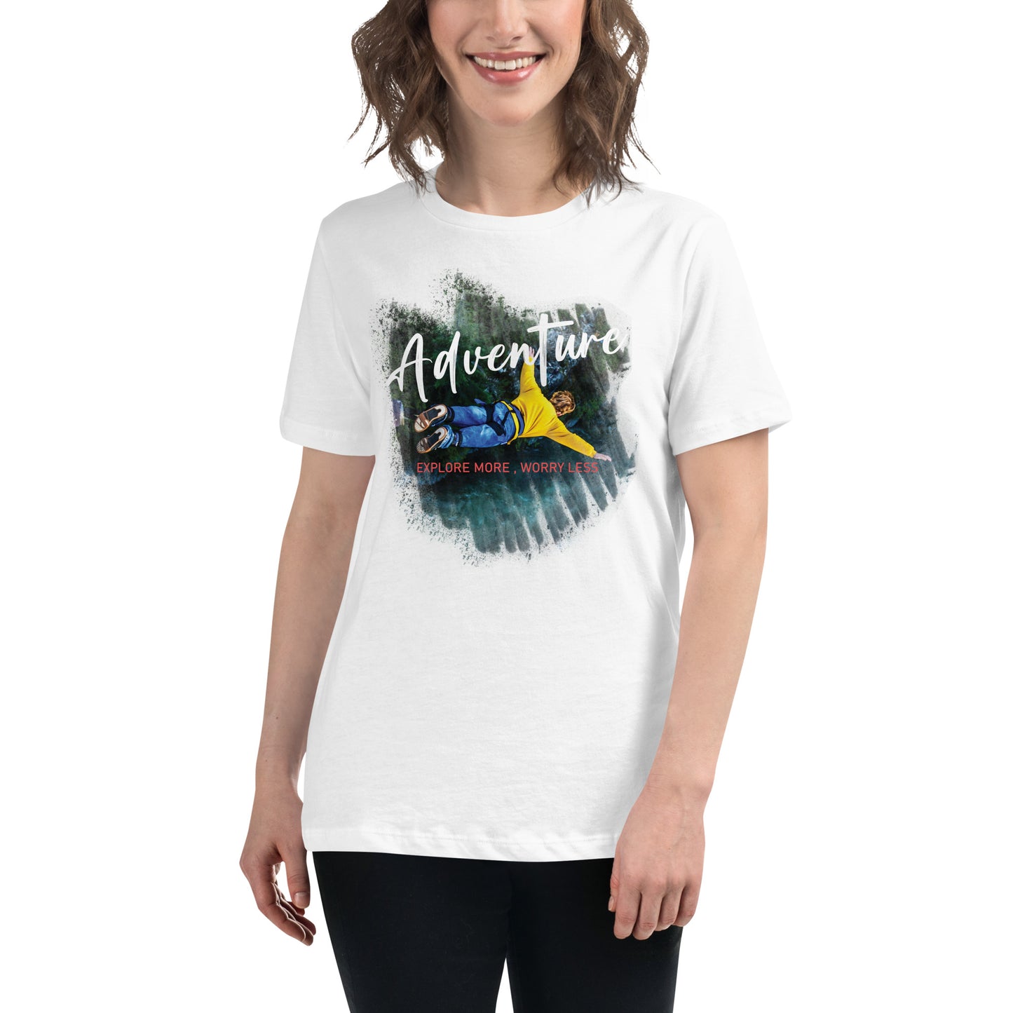 Adventure Explore More Worry Less (Bungee Jump) White Motivational Women’s T-Shirt Lifestyle