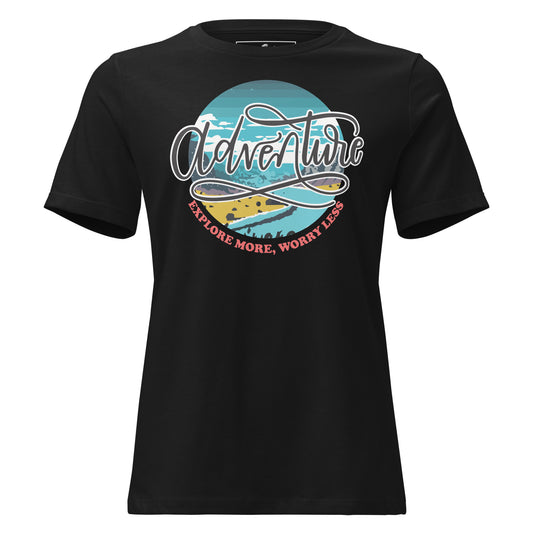 Adventure Explore More Worry Less (Coastal) Black Motivational Women’s T-Shirt