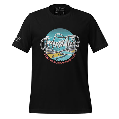 Adventure Explore More, Worry Less Coastal Men's Motivational Black T-Shirt