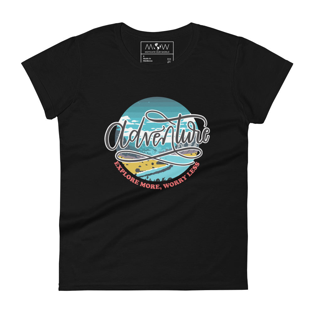 Adventure Explore More Worry Less Coastal Women’s Motivational Black T-Shirt