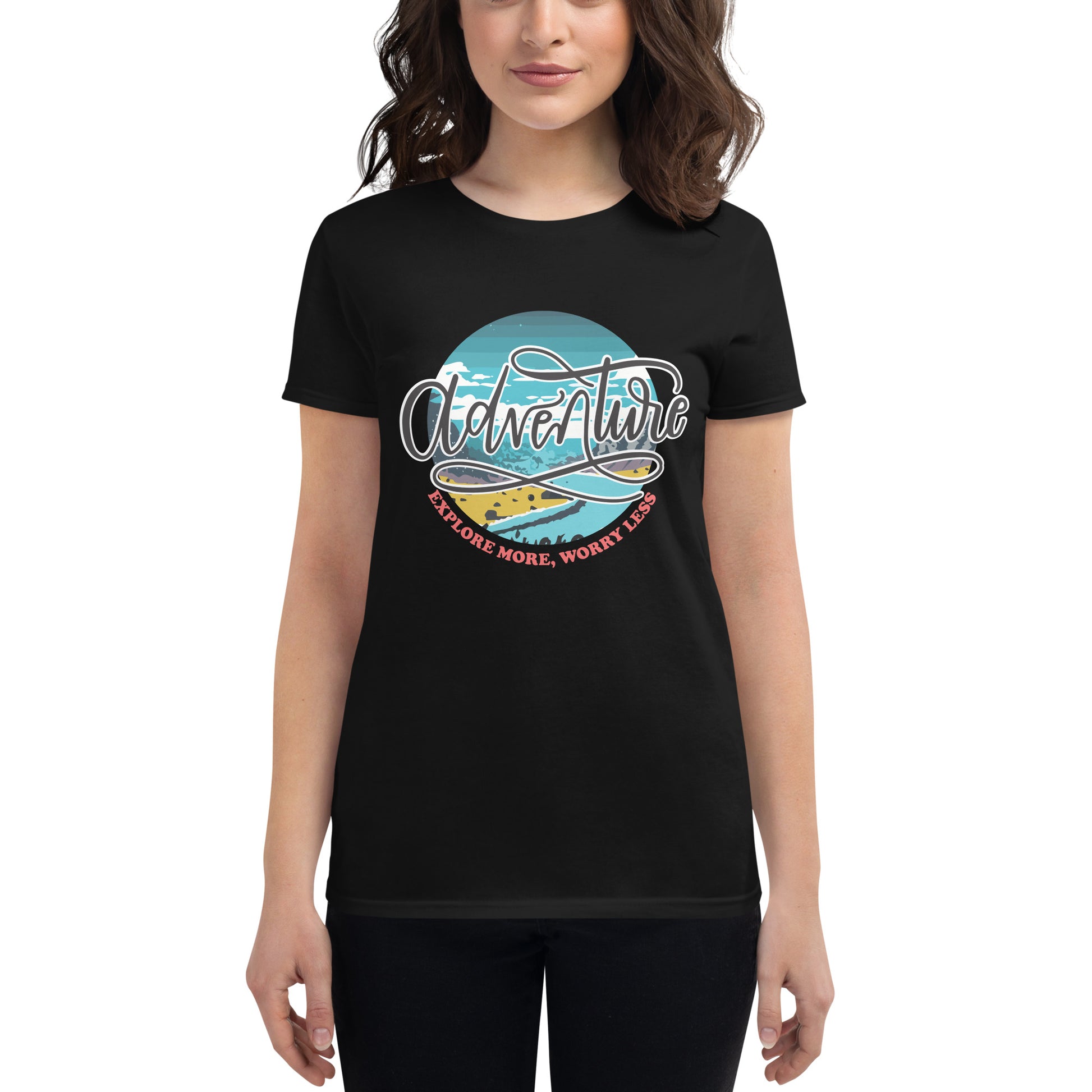 Adventure Explore More Worry Less Coastal Women’s Motivational Black T-Shirt