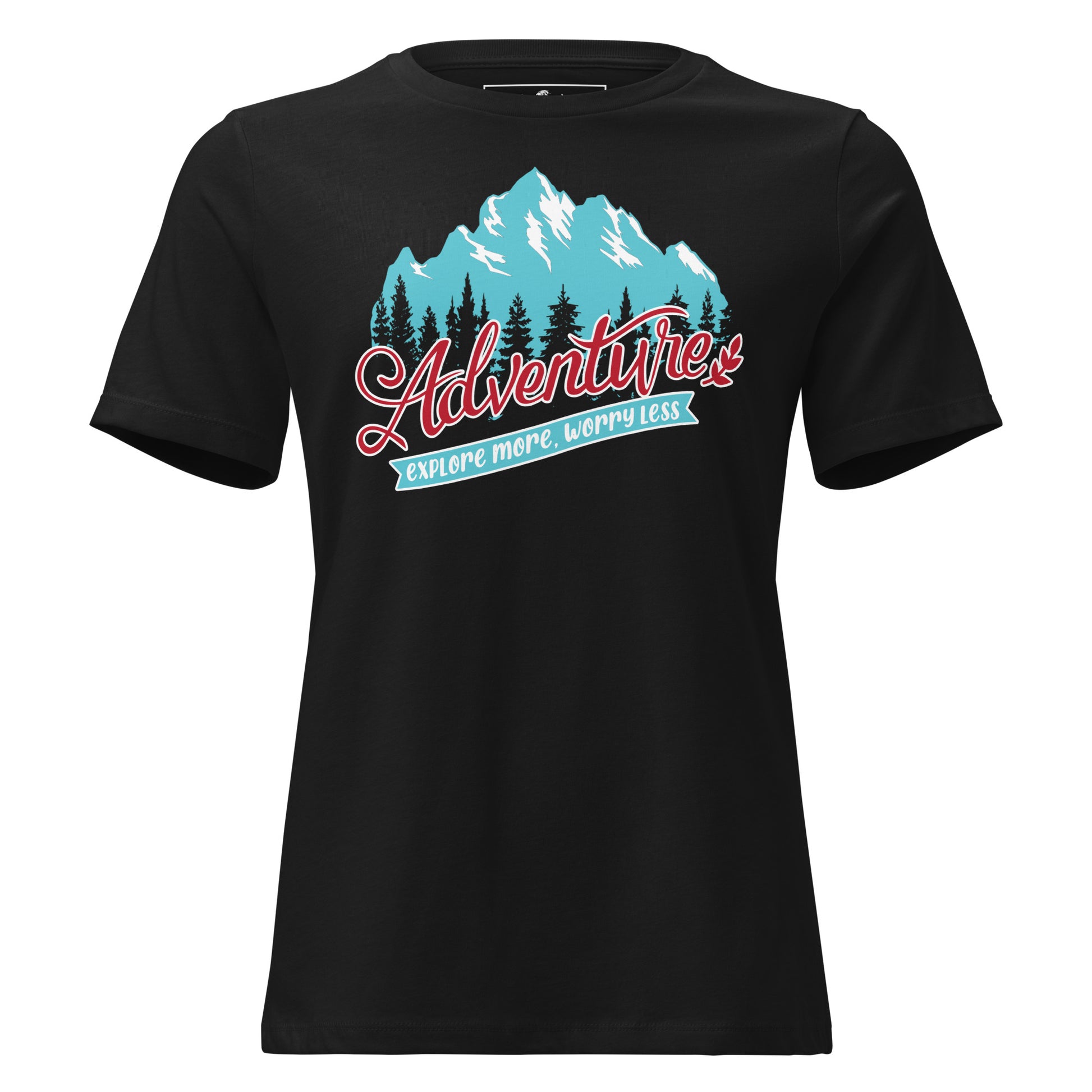Adventure Explore More Worry Less (Mountain) Black Motivational Women’s T-Shirt