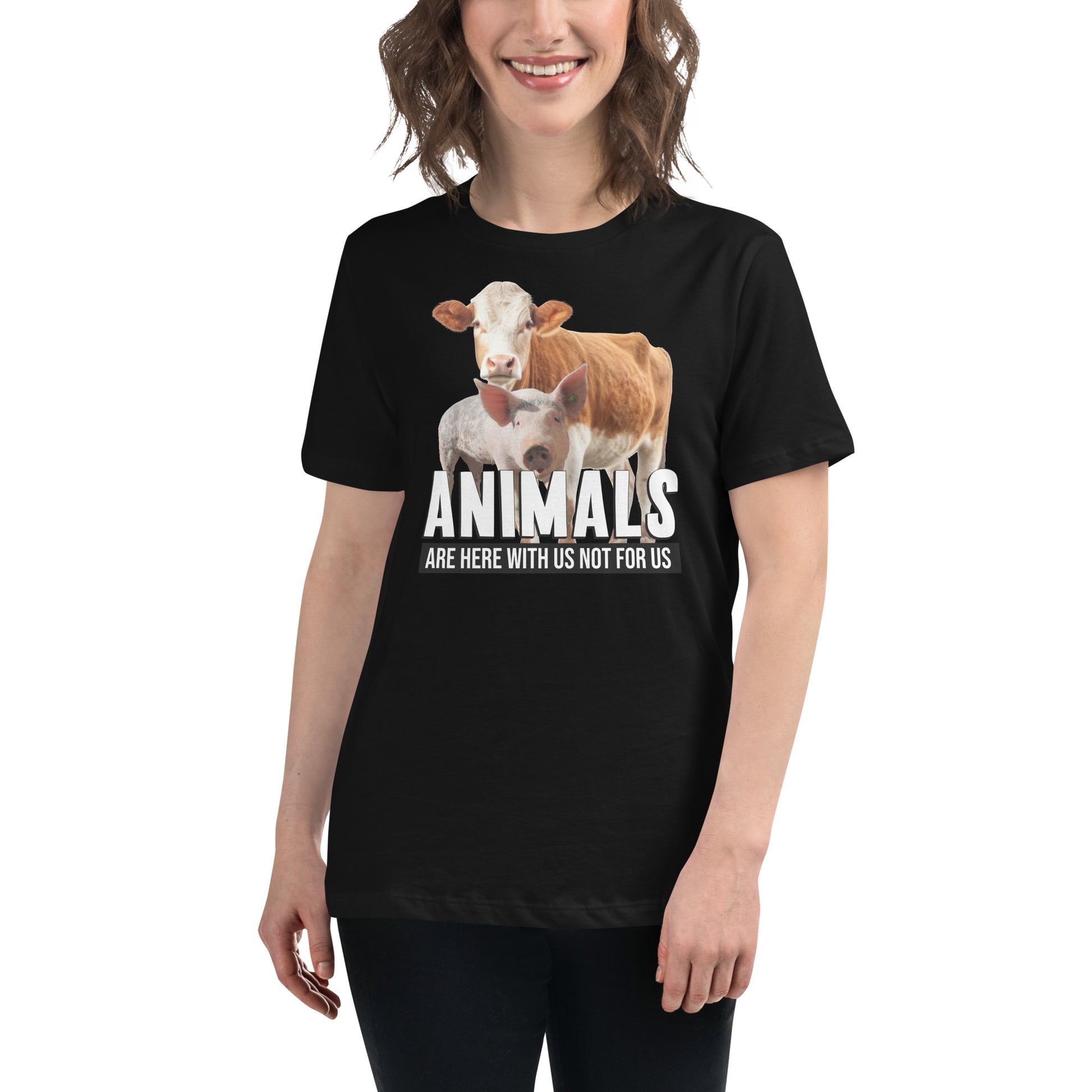 Animals Are Here With Us Cow and Pig Black Motivational Women’s T-Shirt Lifestyle