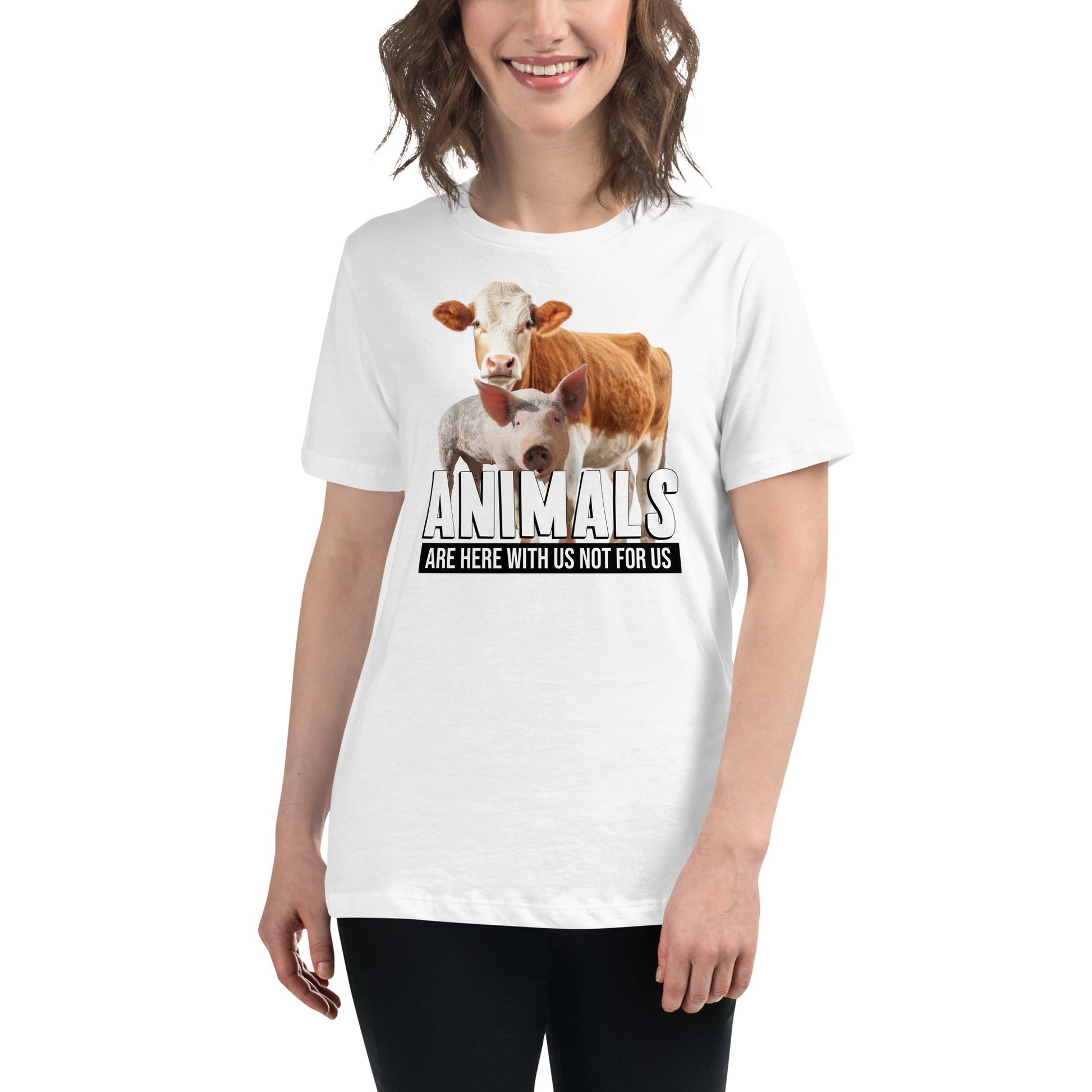 Animals Are Here With Us Cow and Pig White Motivational Women’s T-Shirt Lifestyle