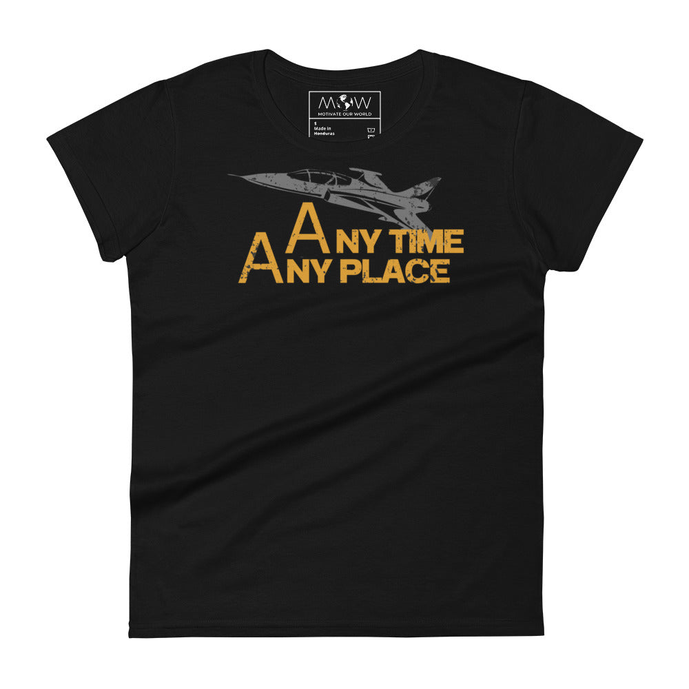 Any Time, Any Place Women's Motivational Black T-Shirt