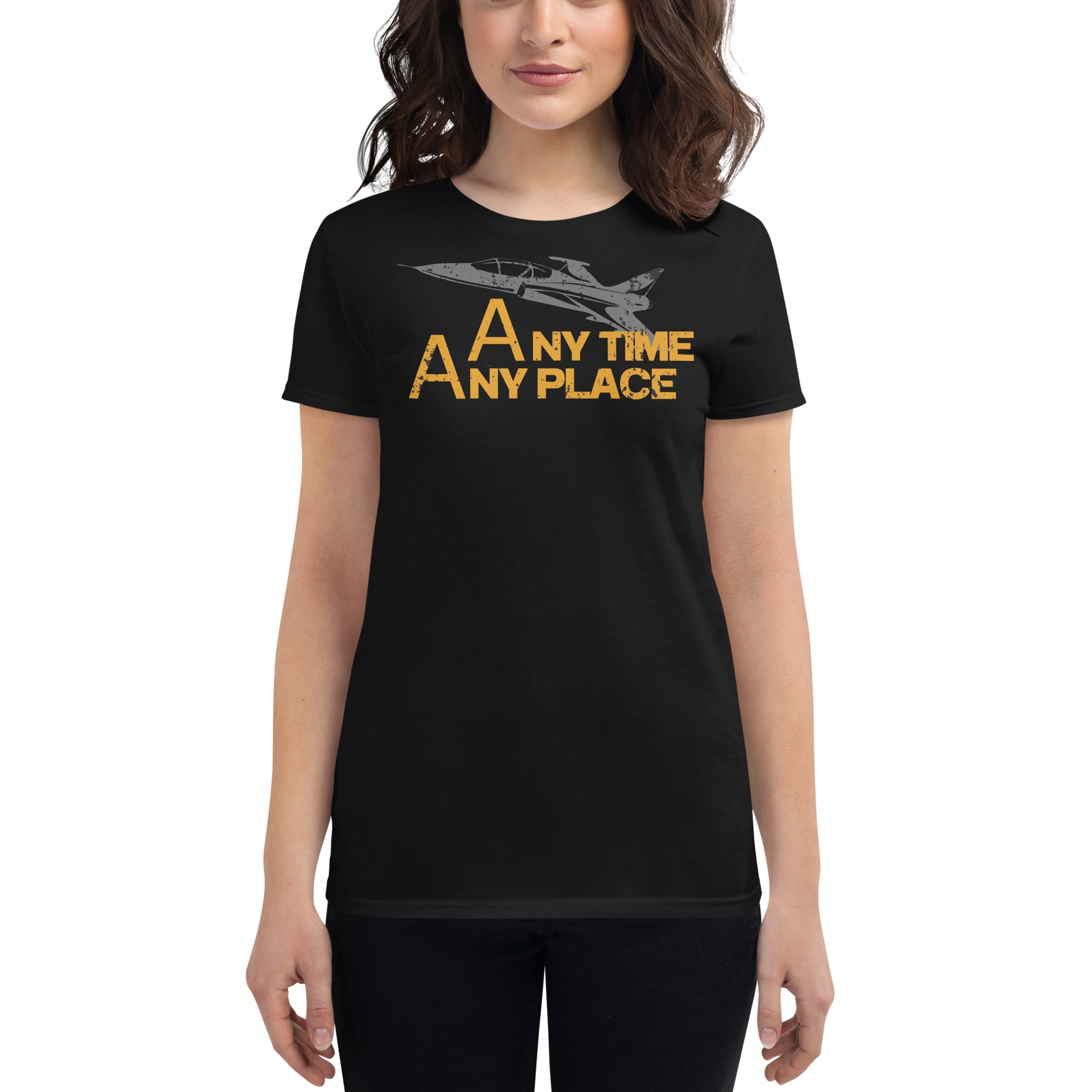 Any Time, Any Place Women's Motivational Black T-Shirt