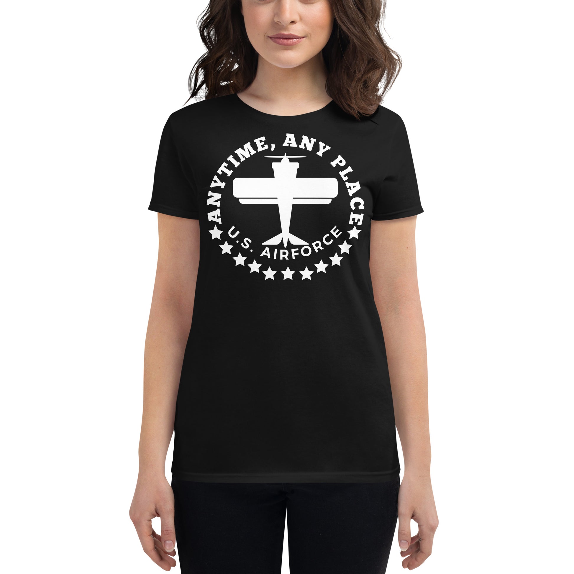 Anytime, Any Place - U.S. Air Force Women's Motivational Black T-Shirt