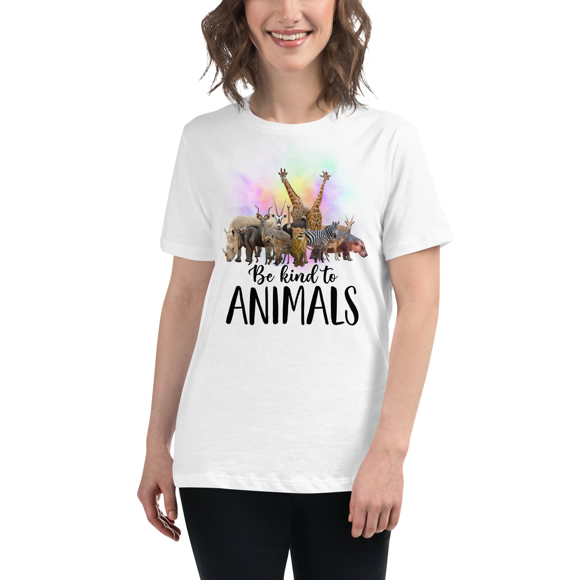 Be Kind to Animals - Stunning Diverse Animals White Motivational Women’s T-Shirt Lifestyle