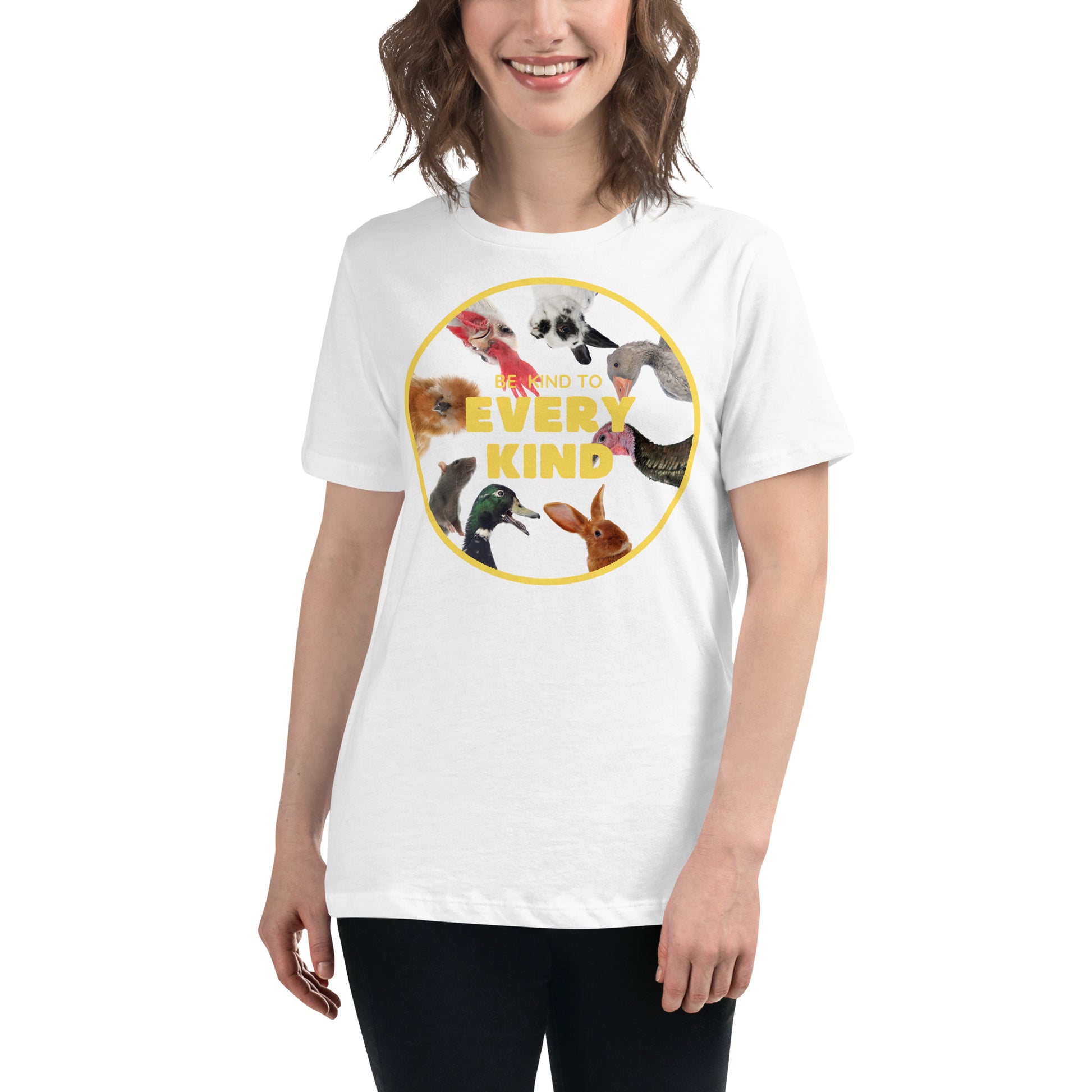 Be Kind to Every Kind - Animal Unity White Motivational Women’s T-Shirt Lifestyle