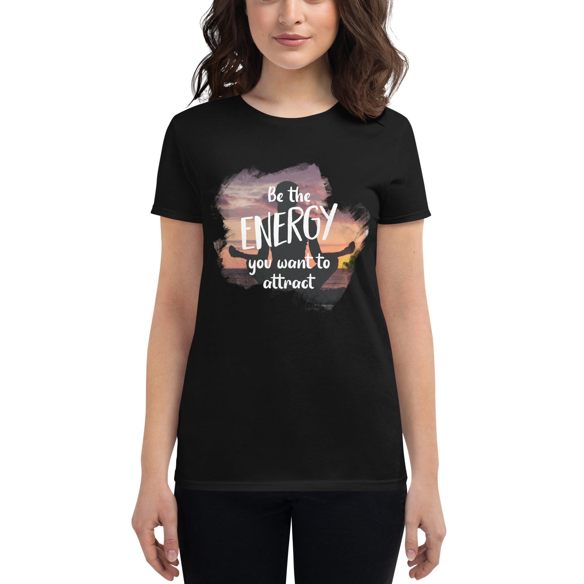 Be the Energy Sunset Meditation Women’s Motivational Black T-Shirt