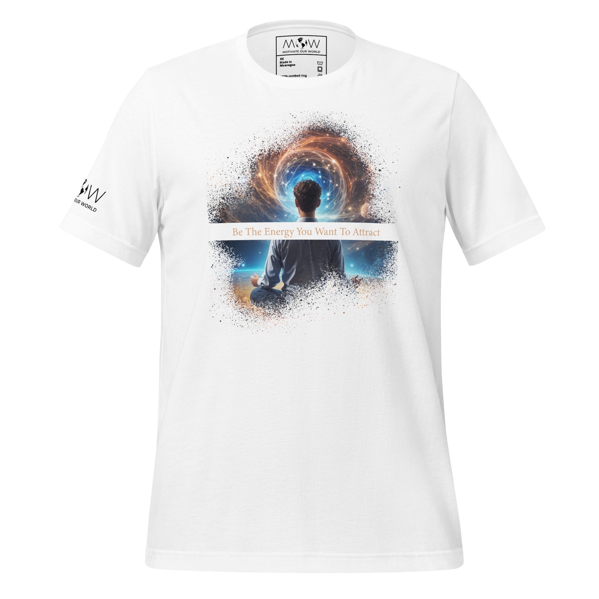 Be the Energy You Want to Attract - Cosmic Meditation Men's Motivational White T-Shirt