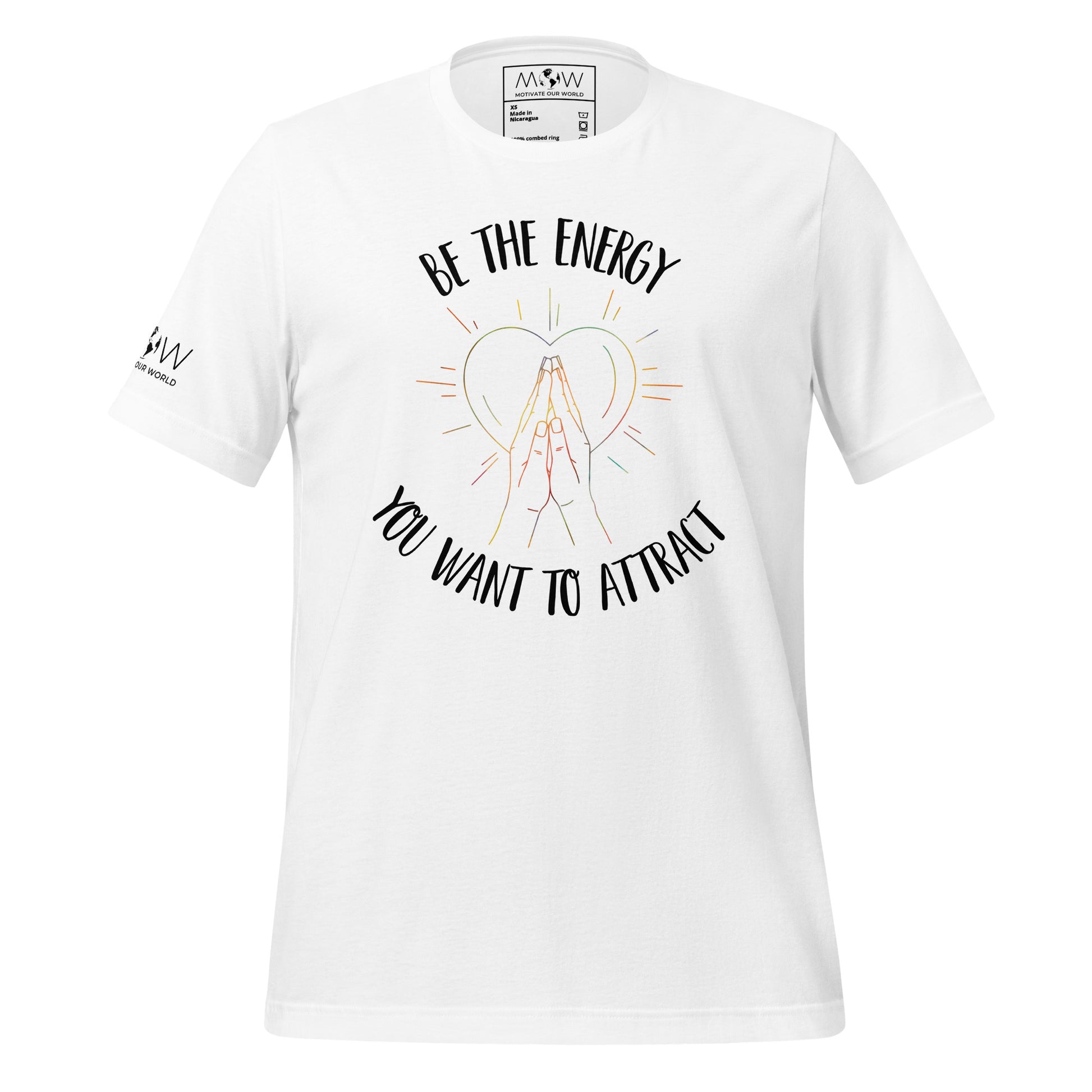 Be the Energy You Want to Attract - Heart and Hands Men's Motivational White T-Shirt
