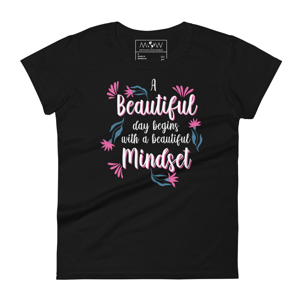 Beautiful Mindset Floral Design Women’s Motivational Black T-Shirt