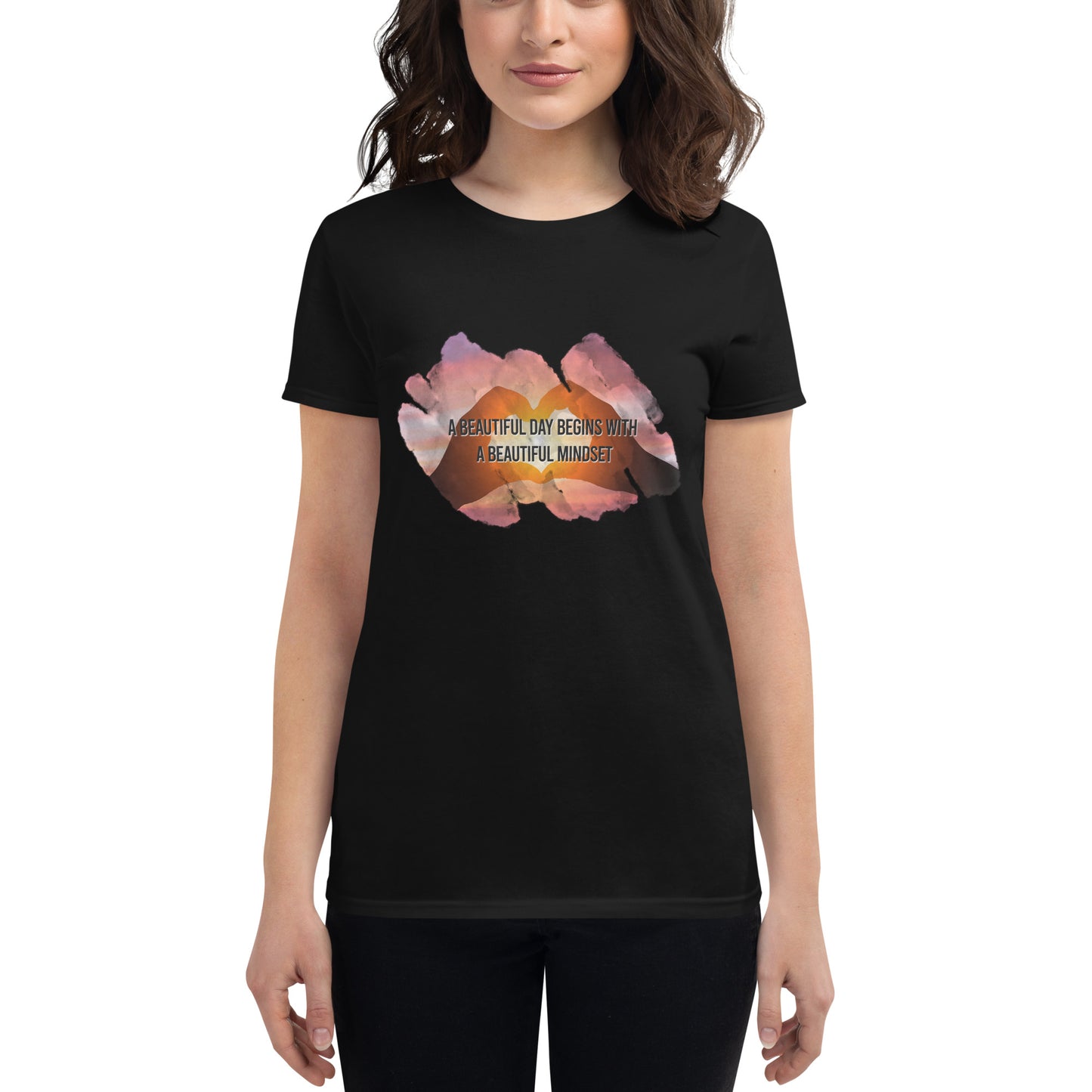 Beautiful Mindset Sunset Heart Women’s Motivational Black T-Shirt