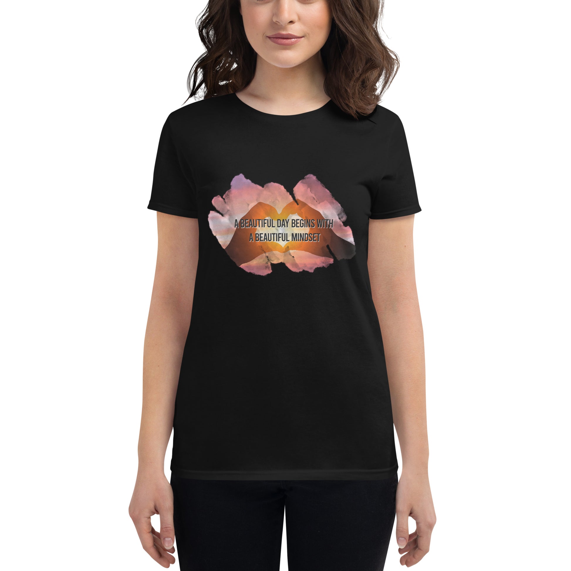 Beautiful Mindset Sunset Heart Women’s Motivational Black T-Shirt