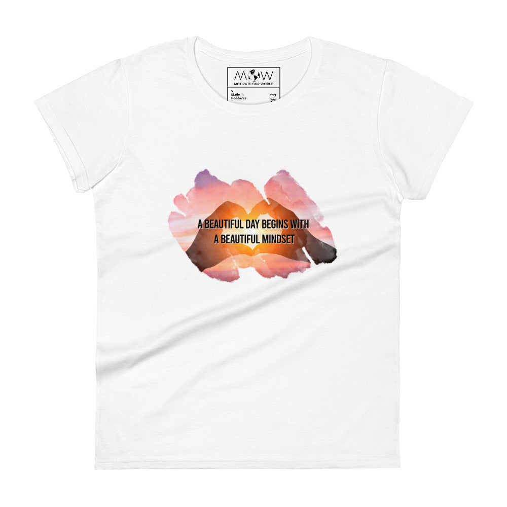 Beautiful Mindset Sunset Heart Women’s Motivational White T-Shirt
