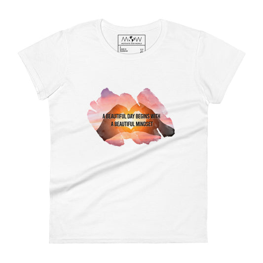 Beautiful Mindset Sunset Heart Women’s Motivational White T-Shirt