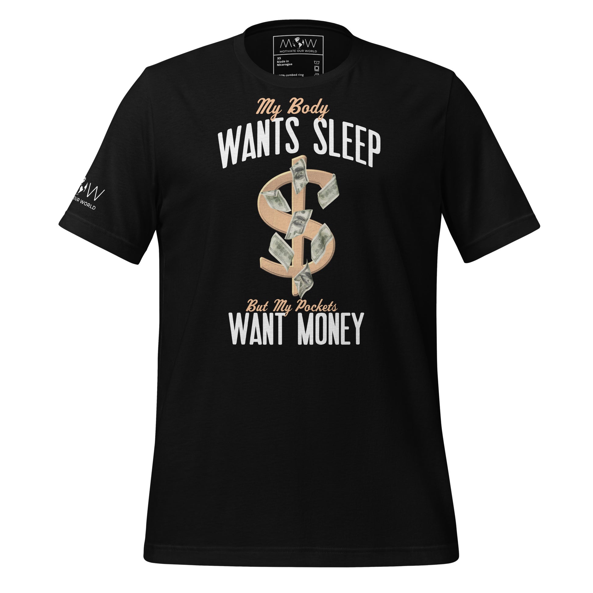 Body Wants Sleep Pocket Wants Money Men's Motivational Black T-Shirt