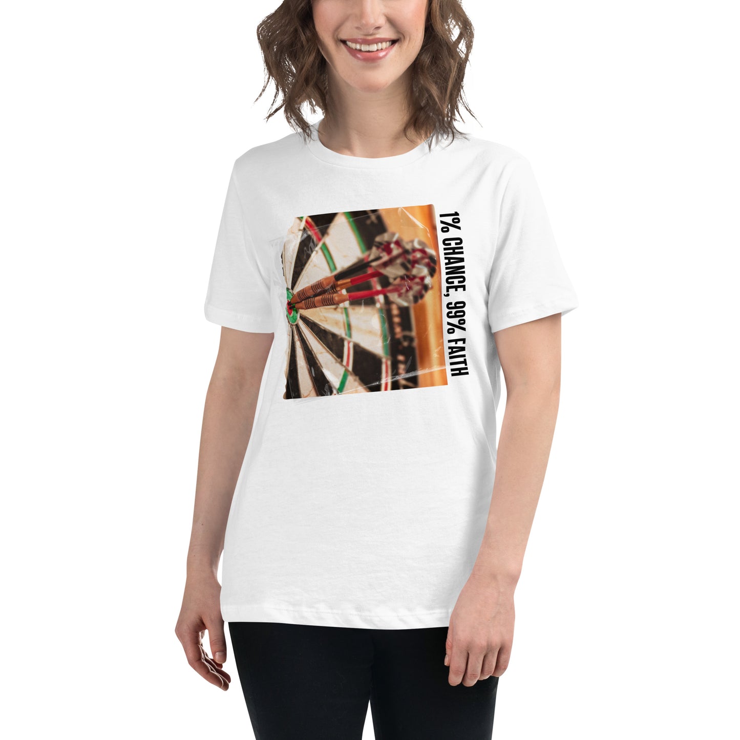 "Bullseye Focus" Dart White Motivational Women’s T-Shirt Lifestyle