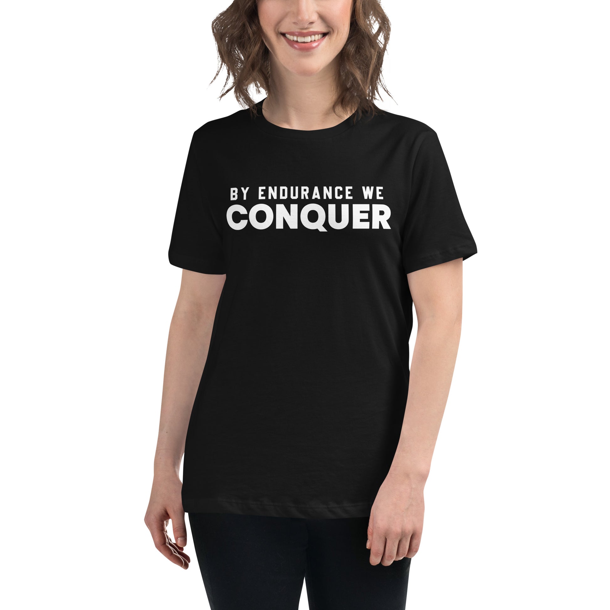 By Endurance We Conquer Black Motivational Women’s T-Shirt Lifestyle