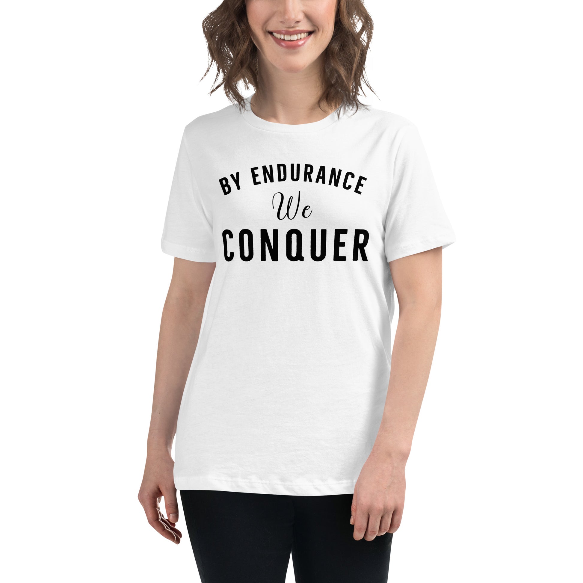 By Endurance We Conquer – Heritage Edition White Motivational Women’s T-Shirt Lifestyle