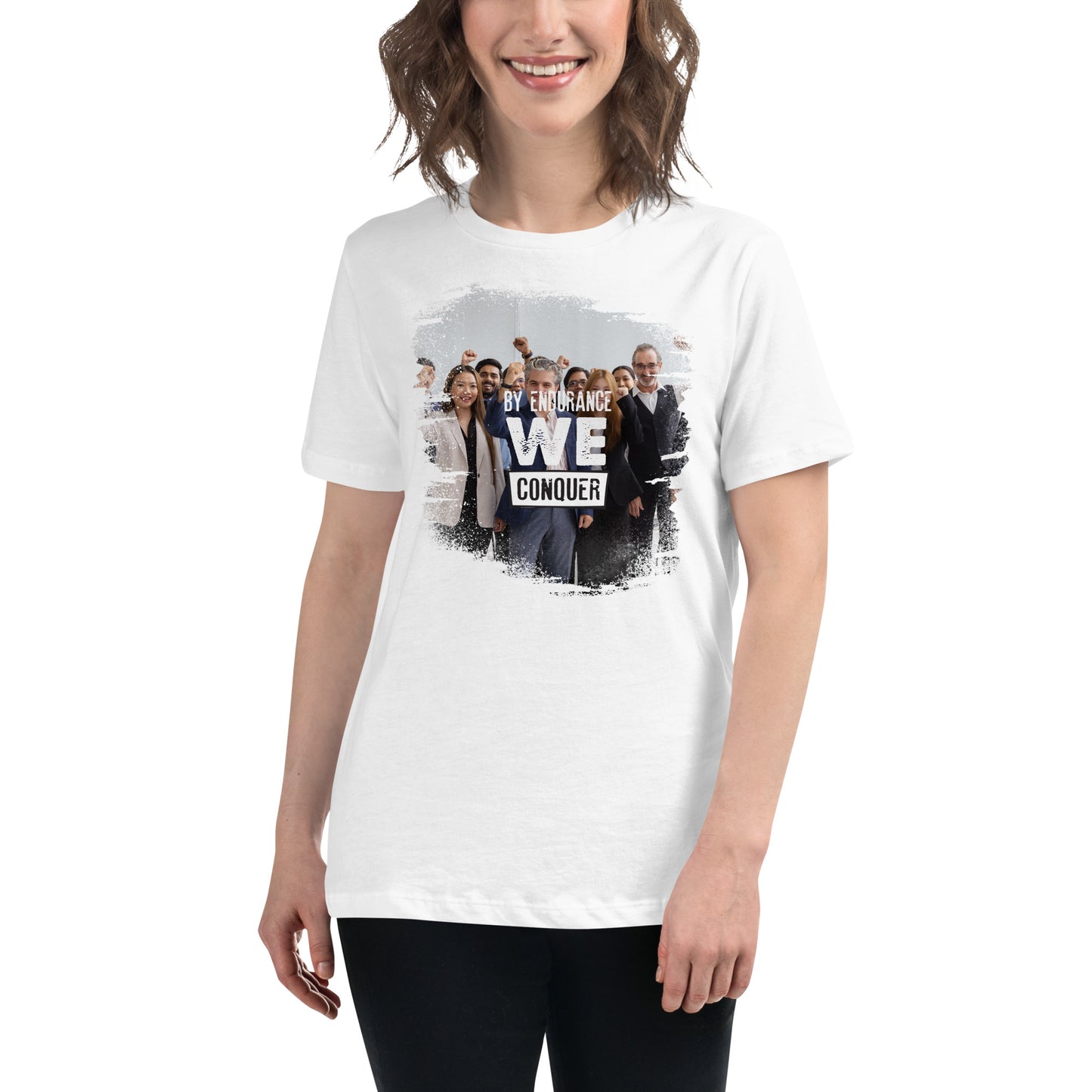 By Endurance We Conquer – Power in Unity Edition White Motivational Women’s T-Shirt Lifestyle
