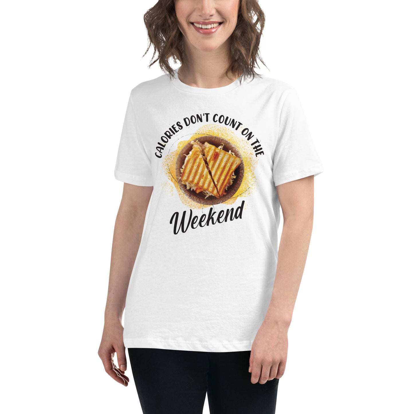 Calories Don’t Count On The Weekend Panini White Motivational Women’s T-Shirt Lifestyle