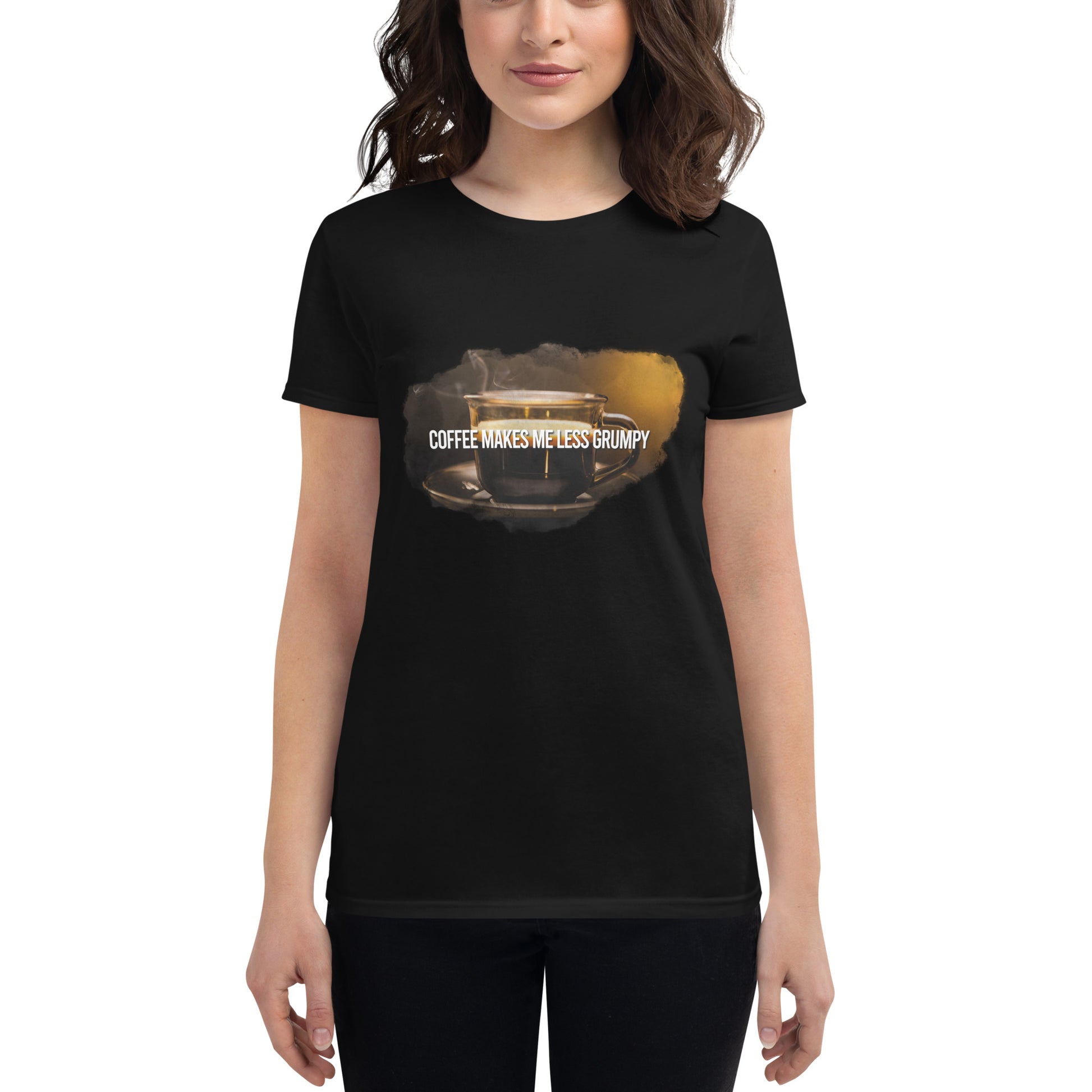 Coffee Makes Me Less Grumpy Women’s Motivational Black T-Shirt