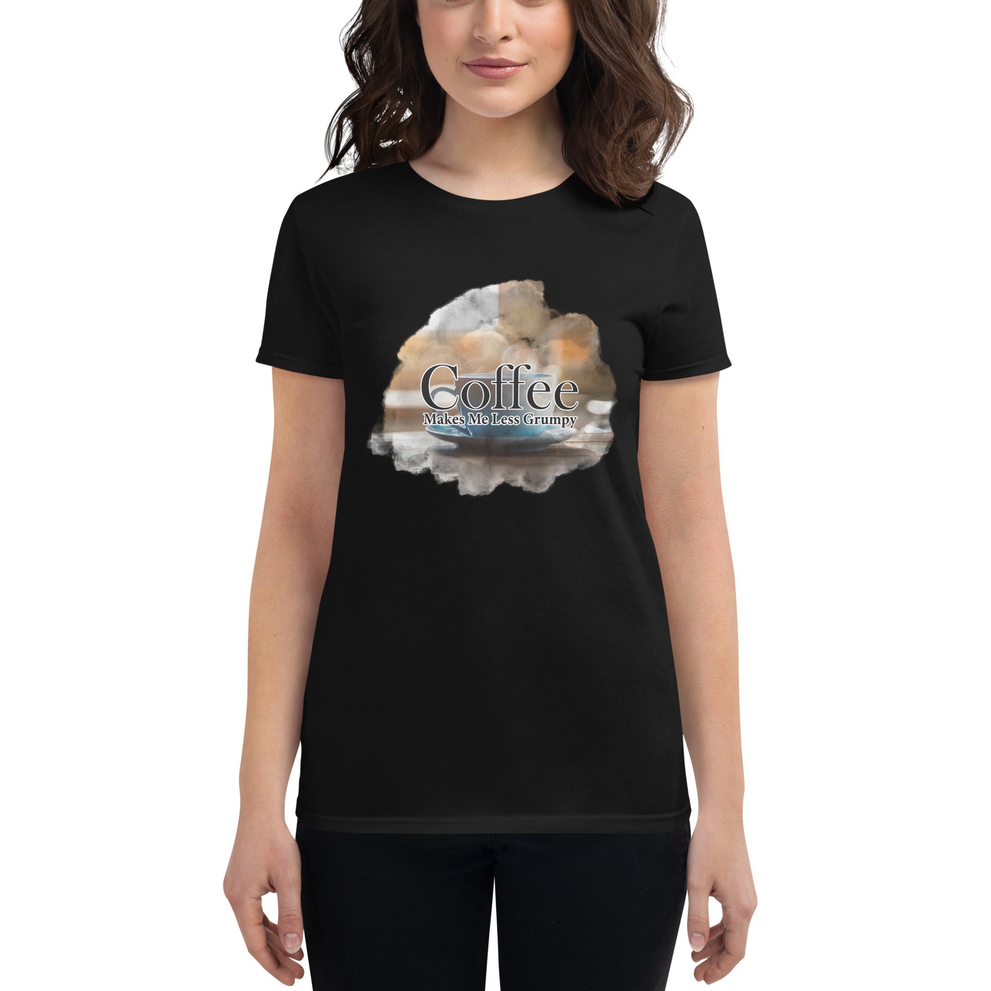 Coffee Makes Me Less Grumpy Women’s Motivational Black T-Shirt
