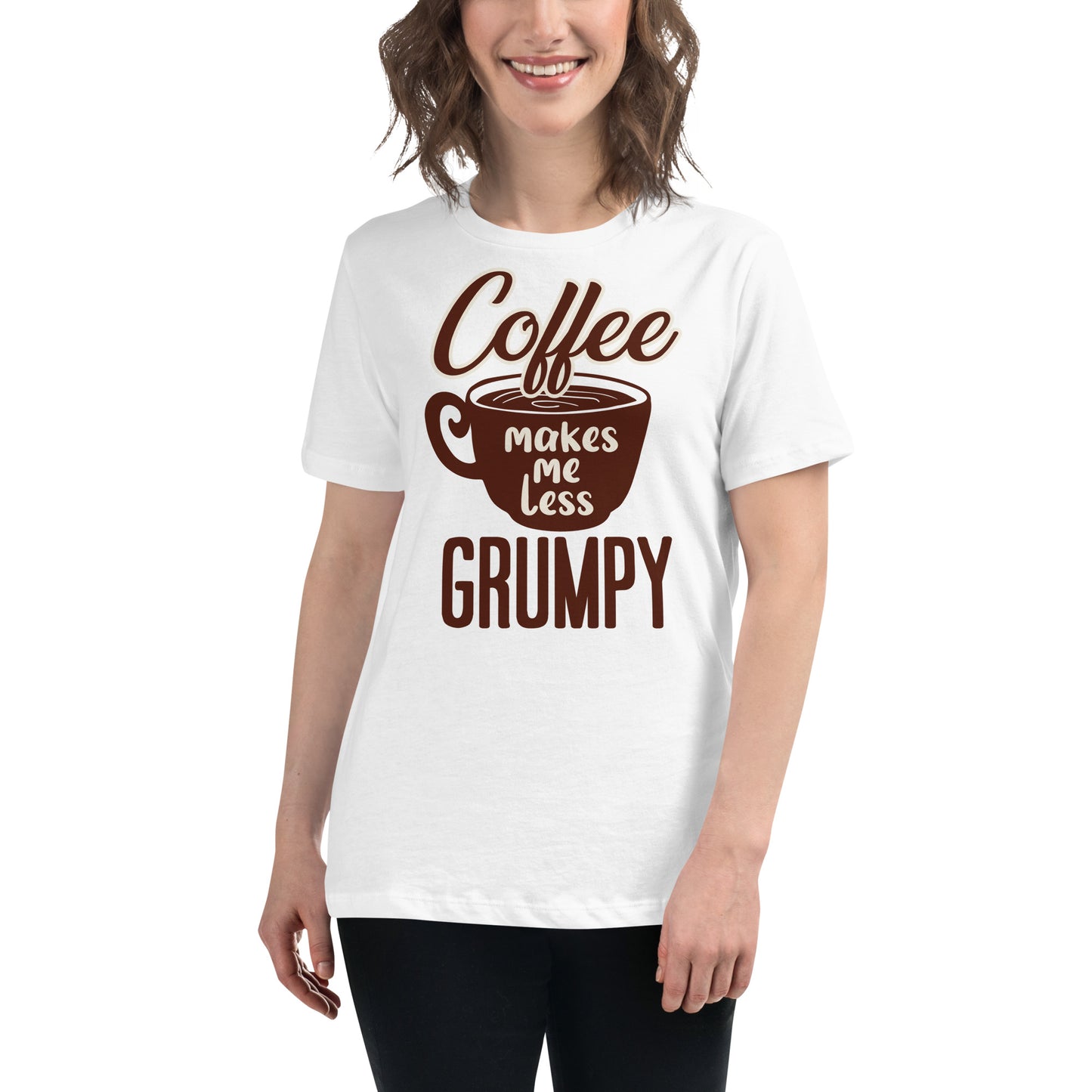 Coffee Makes Me Less Grumpy White Motivational Women’s T-Shirt Lifestyle