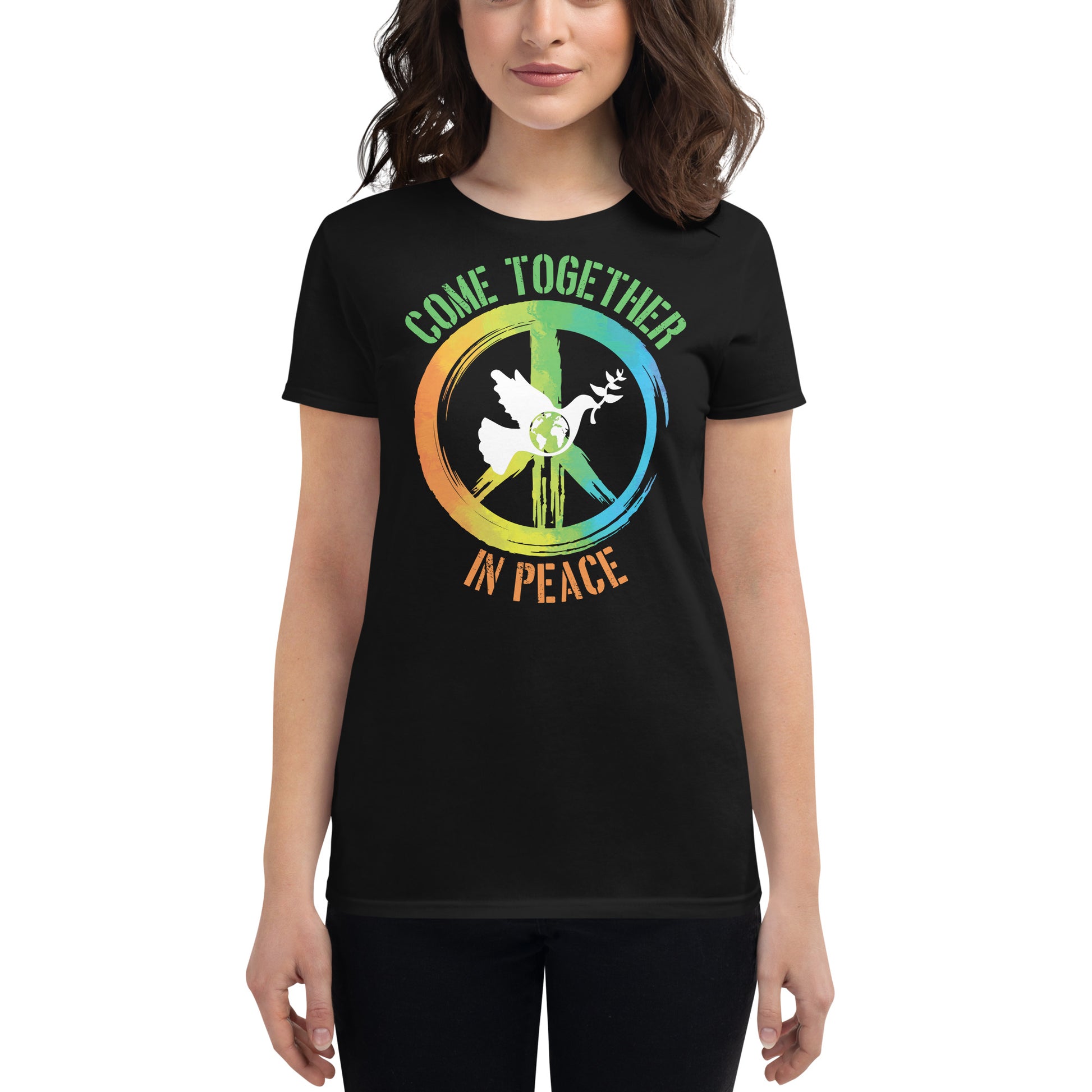 Come Together in Peace II Women’s Motivational Black T-Shirt