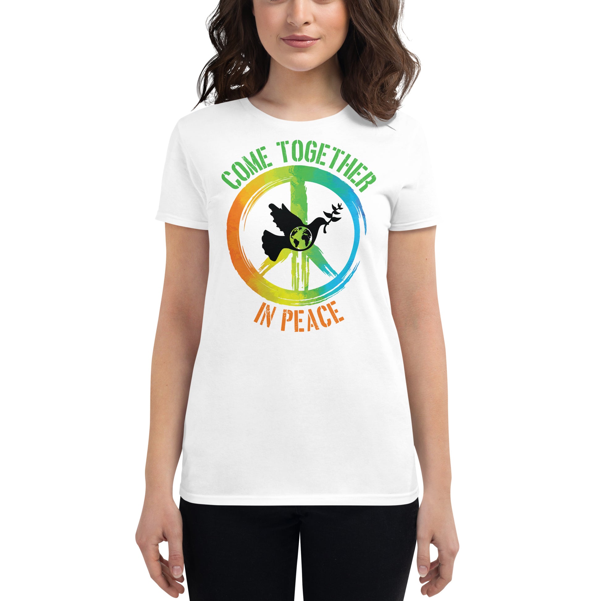 Come Together in Peace II Women’s Motivational White T-Shirt