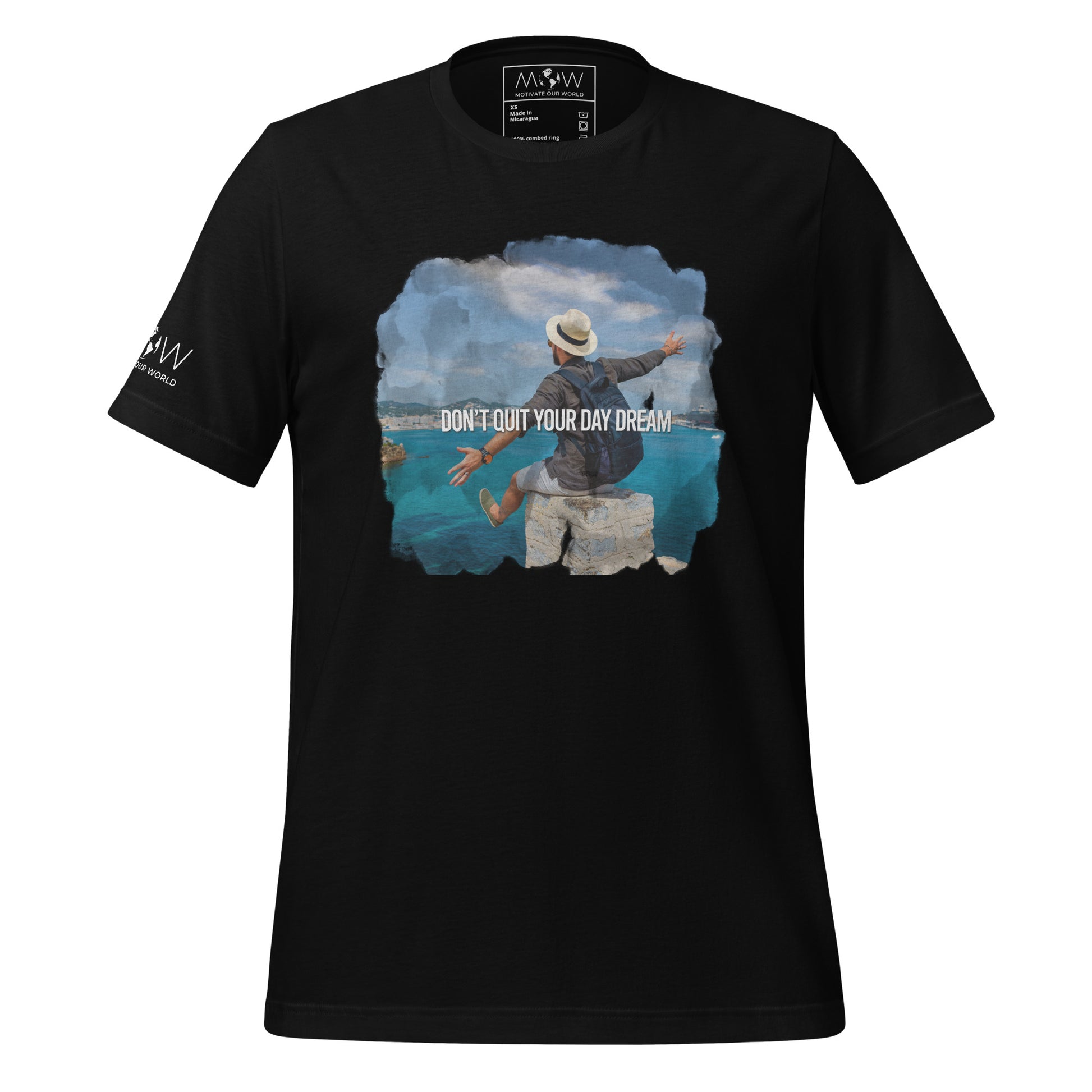 Don’t Quit Your Daydream (Adventurer’s Escape Design) Men's Motivational Black T-Shirt