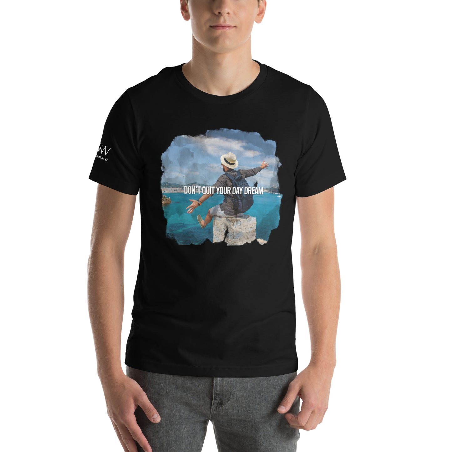 Don’t Quit Your Daydream (Adventurer’s Escape Design) Men's Motivational Black T-Shirt