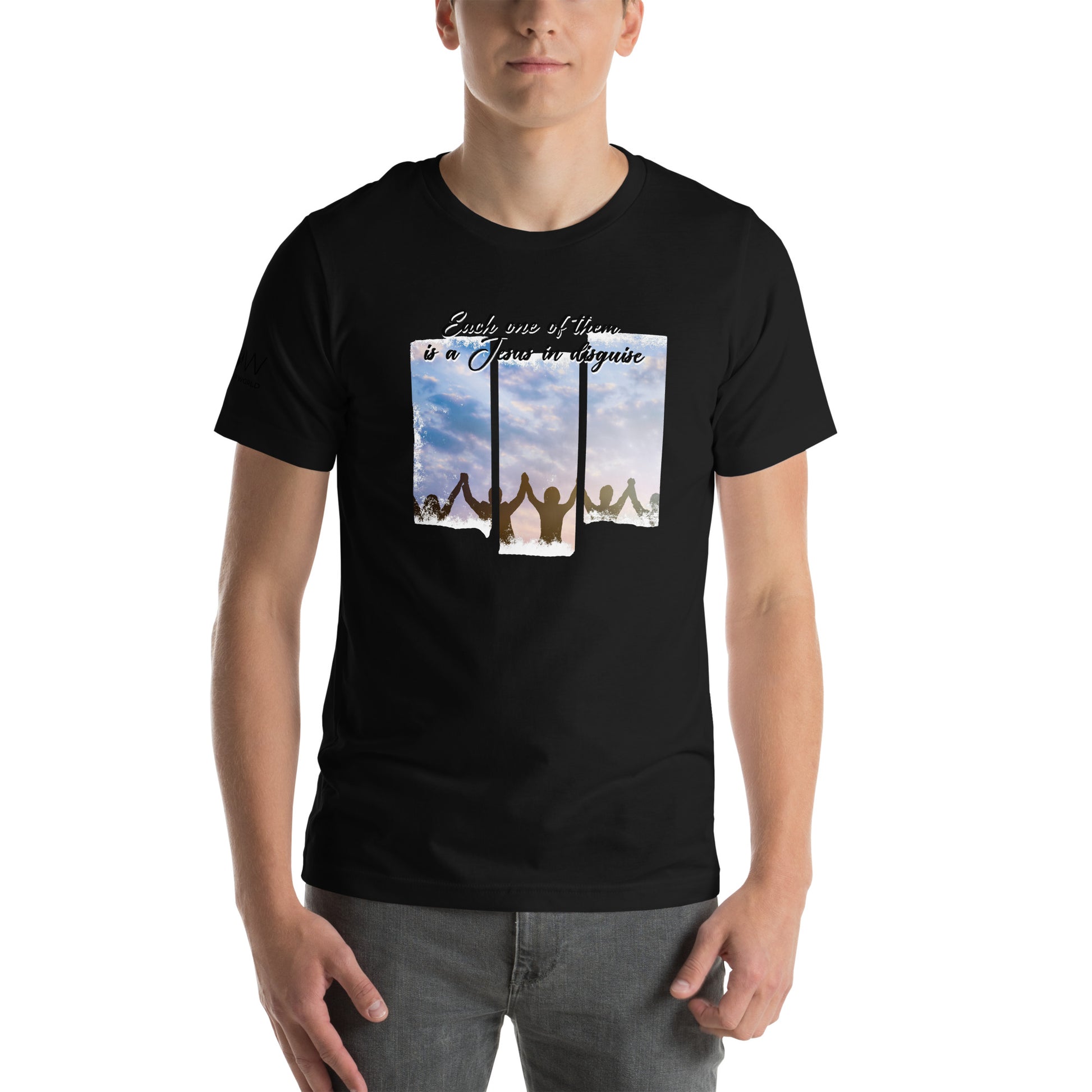 Each One of Them is a Jesus in Disguise Men's Motivational Black T-Shirt