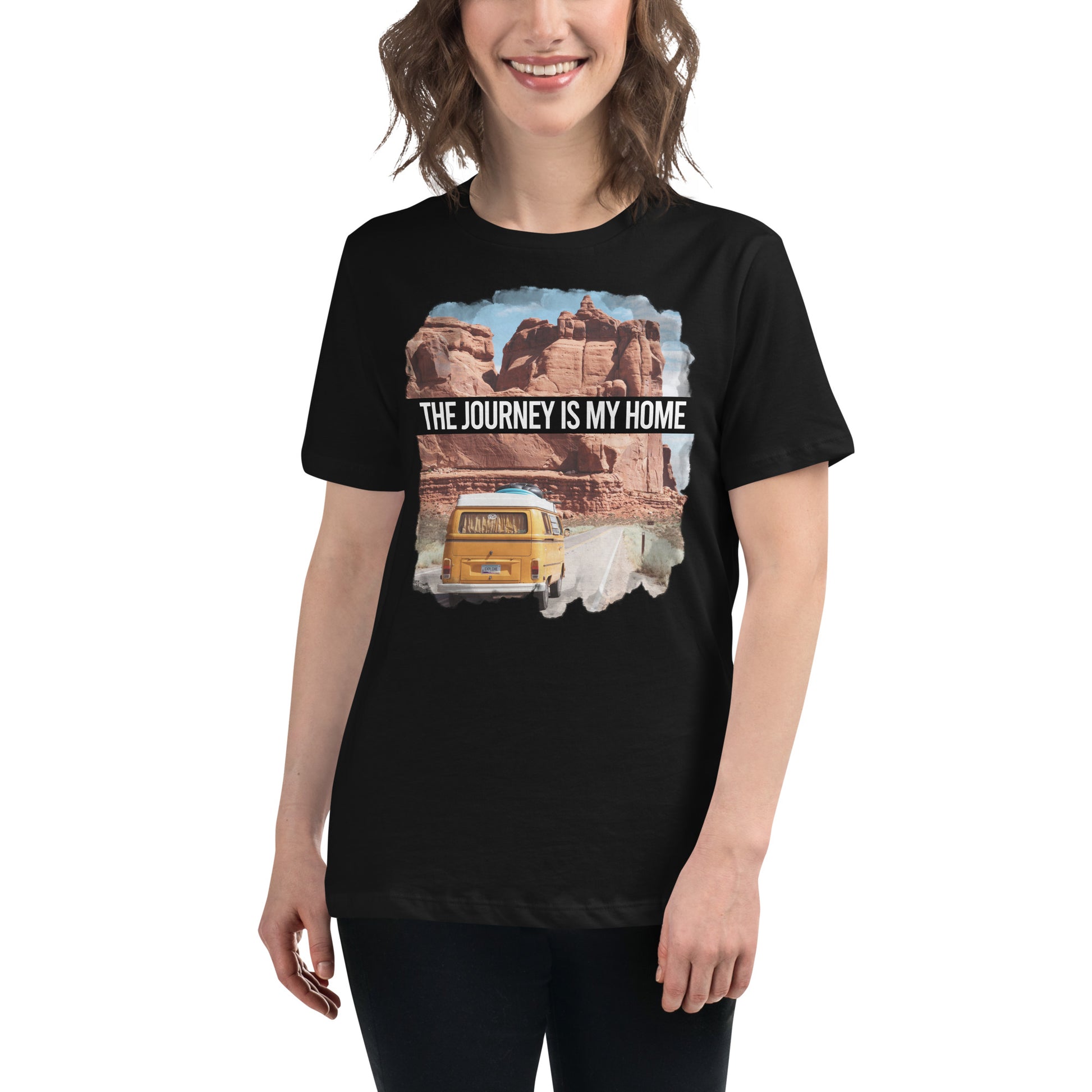 Explore More (Desert Road Trip Design) Black Motivational Women’s T-Shirt Lifestyle