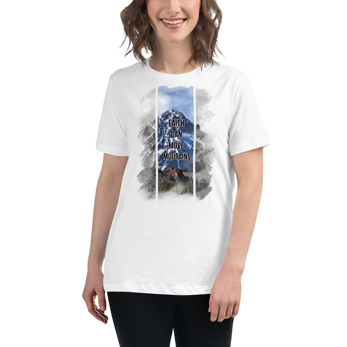 Faith Can Move Mountains Split View White Motivational Women’s T-Shirt Lifestyle