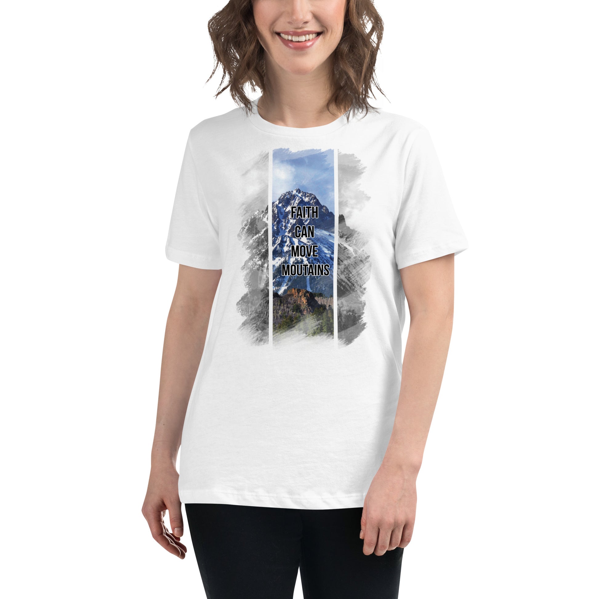 Faith Can Move Mountains Split View White Motivational Women’s T-Shirt Lifestyle