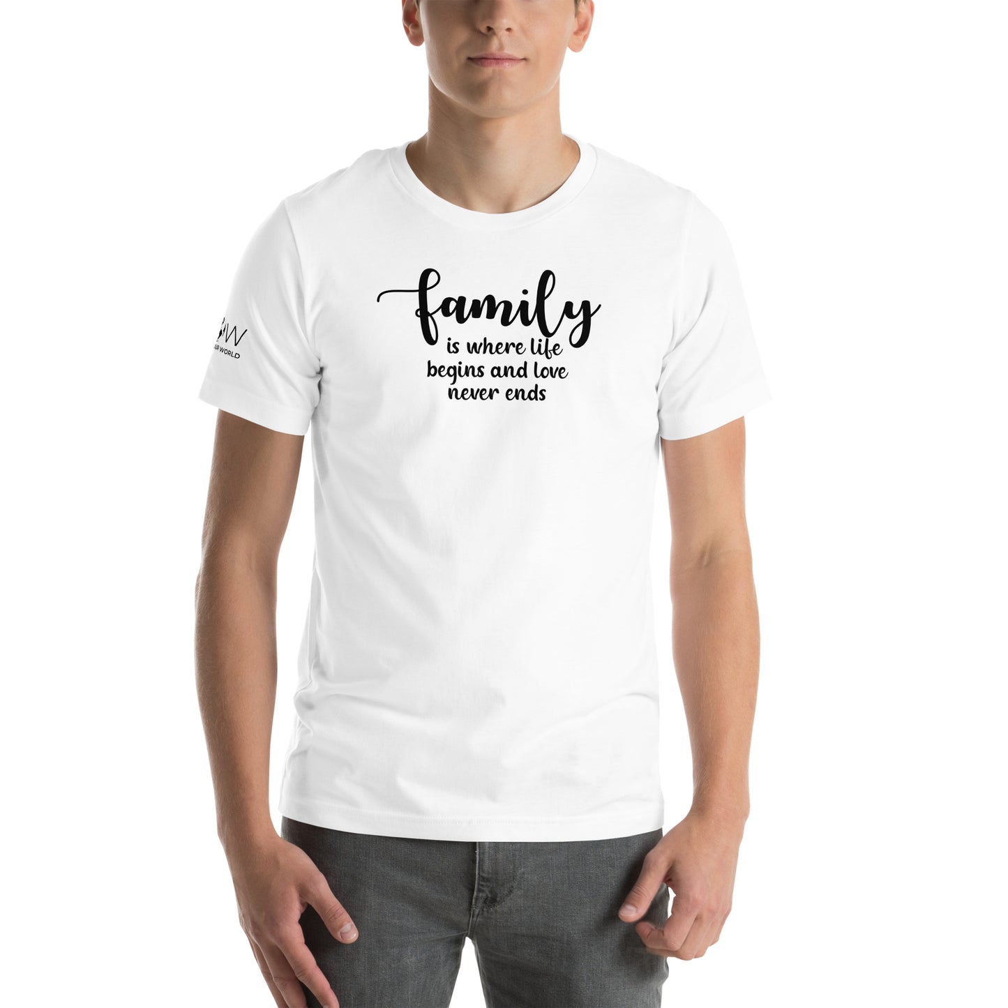 Family Is Where Life Begins – Script Edition White Motivational Men's T-Shirt Lifestyle