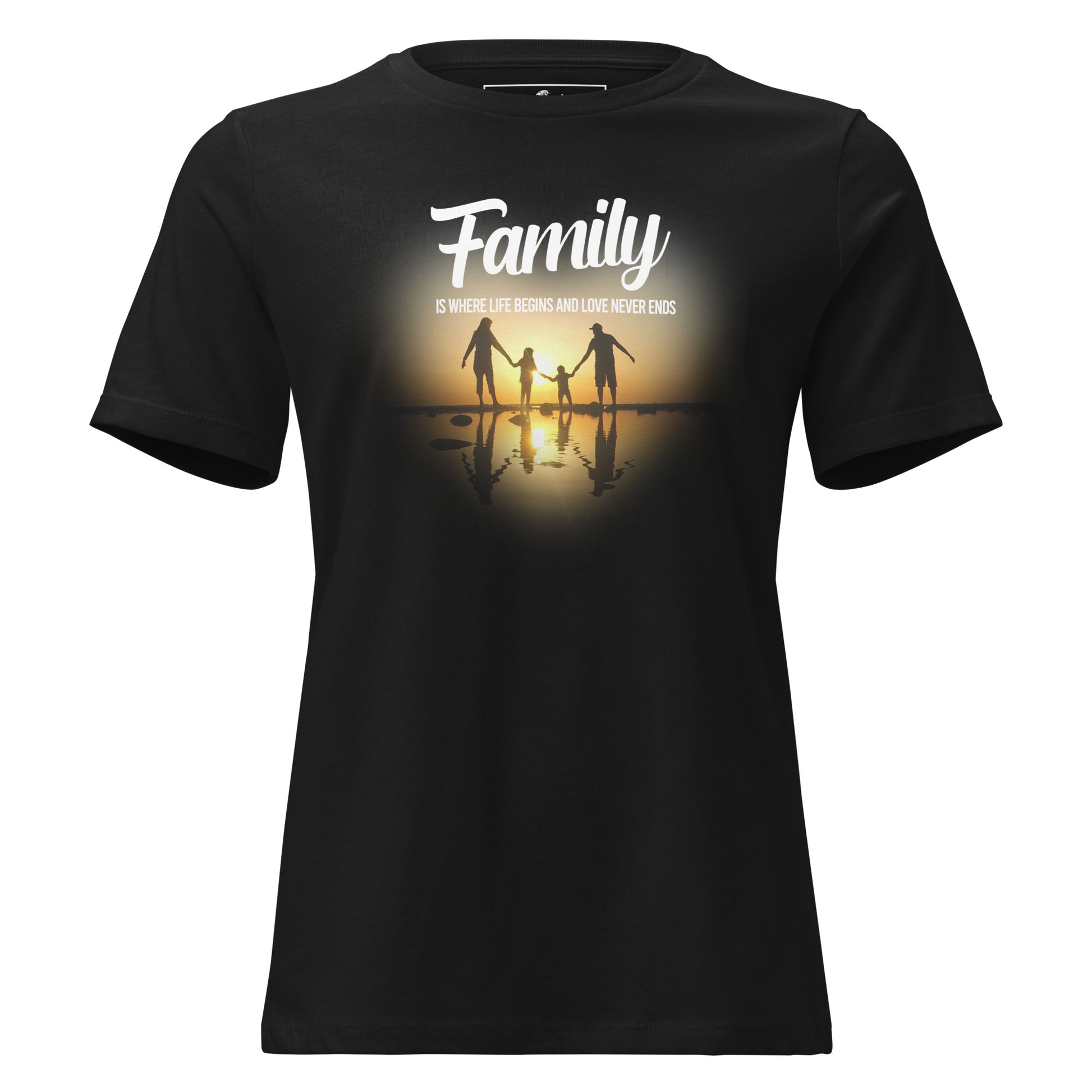 Family Is Where Life Begins – Sunset Heart Edition Black Motivational Women’s T-Shirt