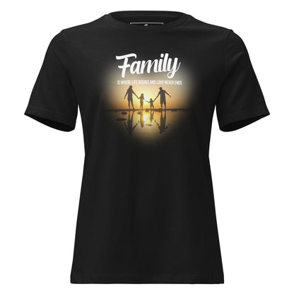 Family Is Where Life Begins – Sunset Heart Edition Black Motivational Women’s T-Shirt