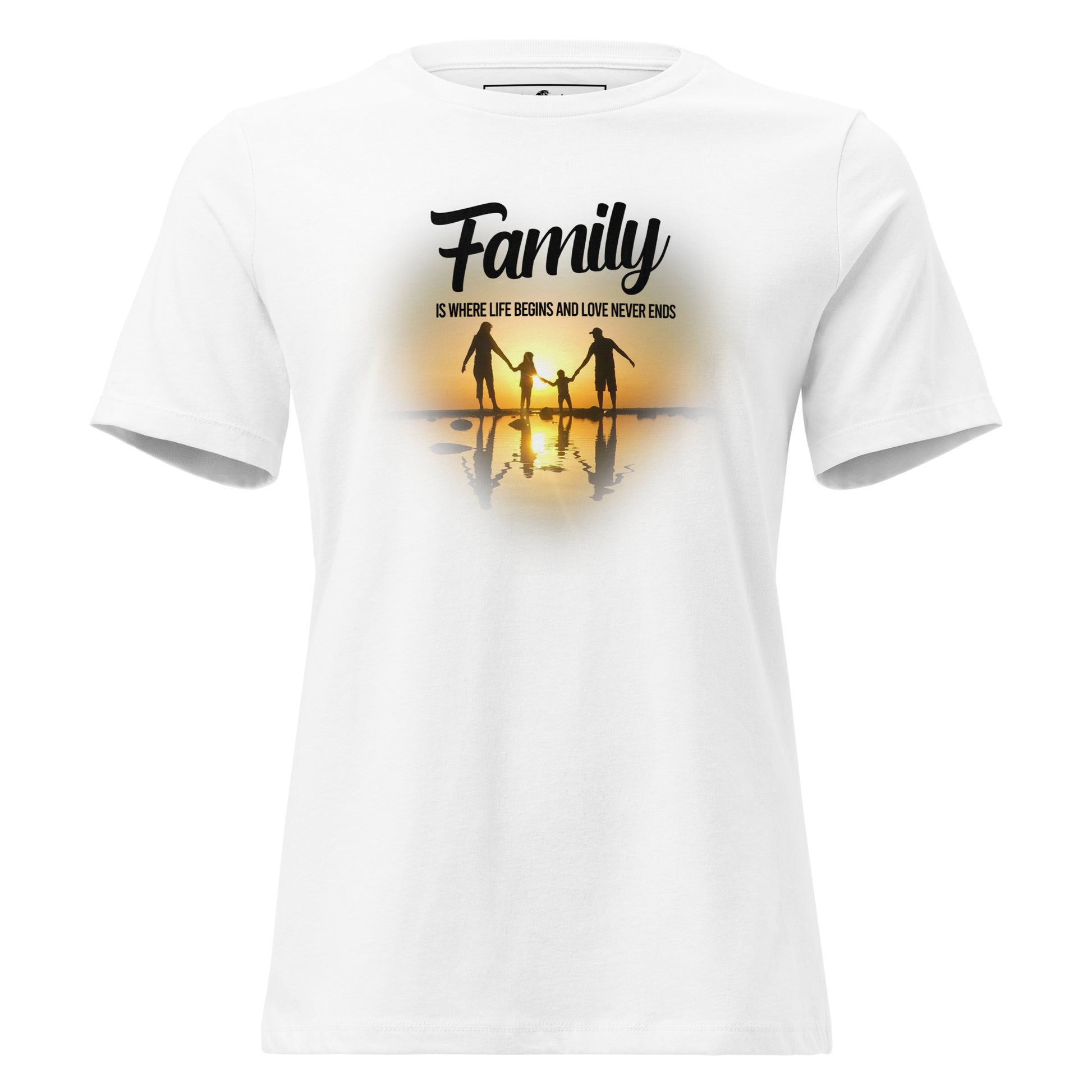Family Is Where Life Begins – Sunset Heart Edition White Motivational Women’s T-Shirt