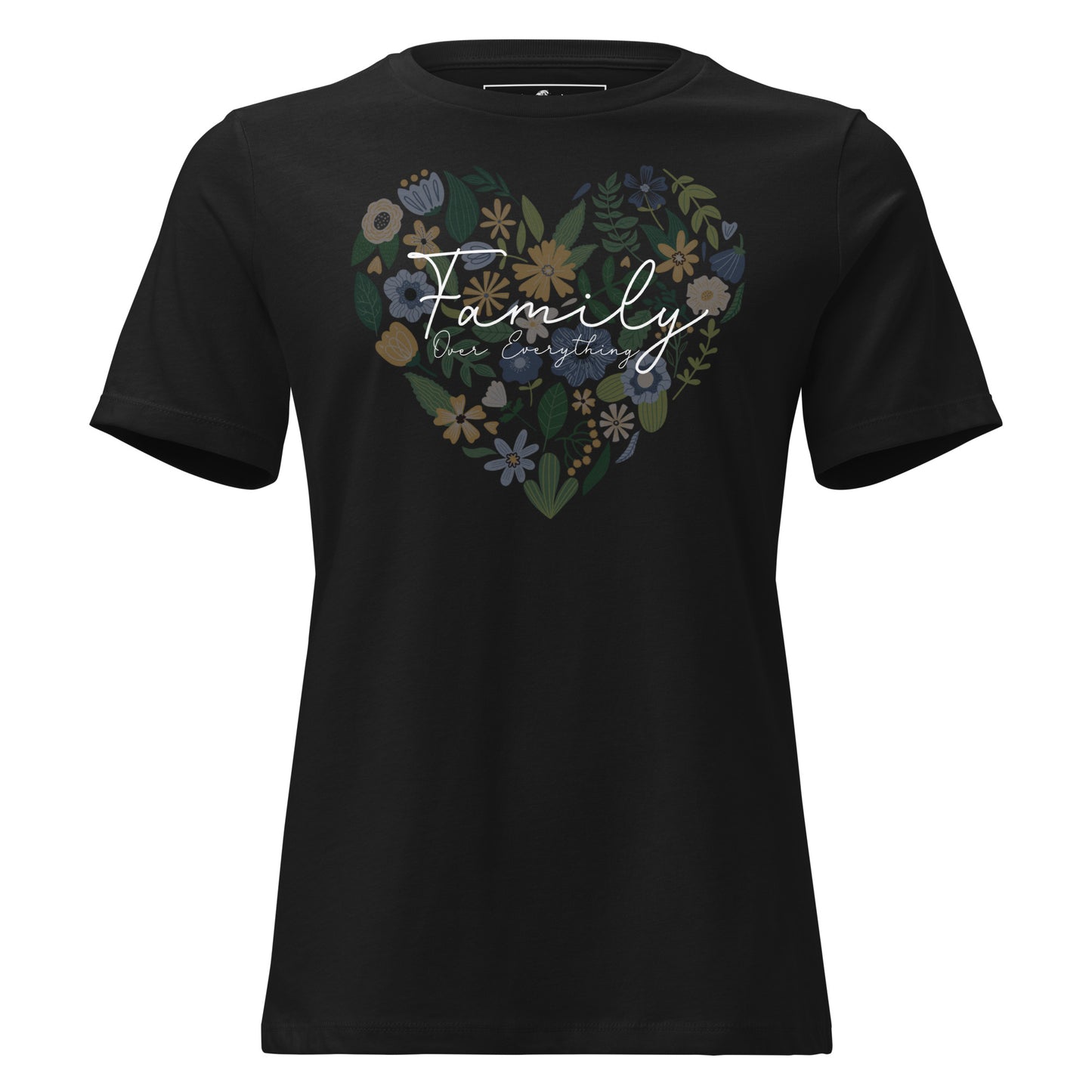 Family Over Everything - Floral Heart Edition Black Motivational Women’s T-Shirt