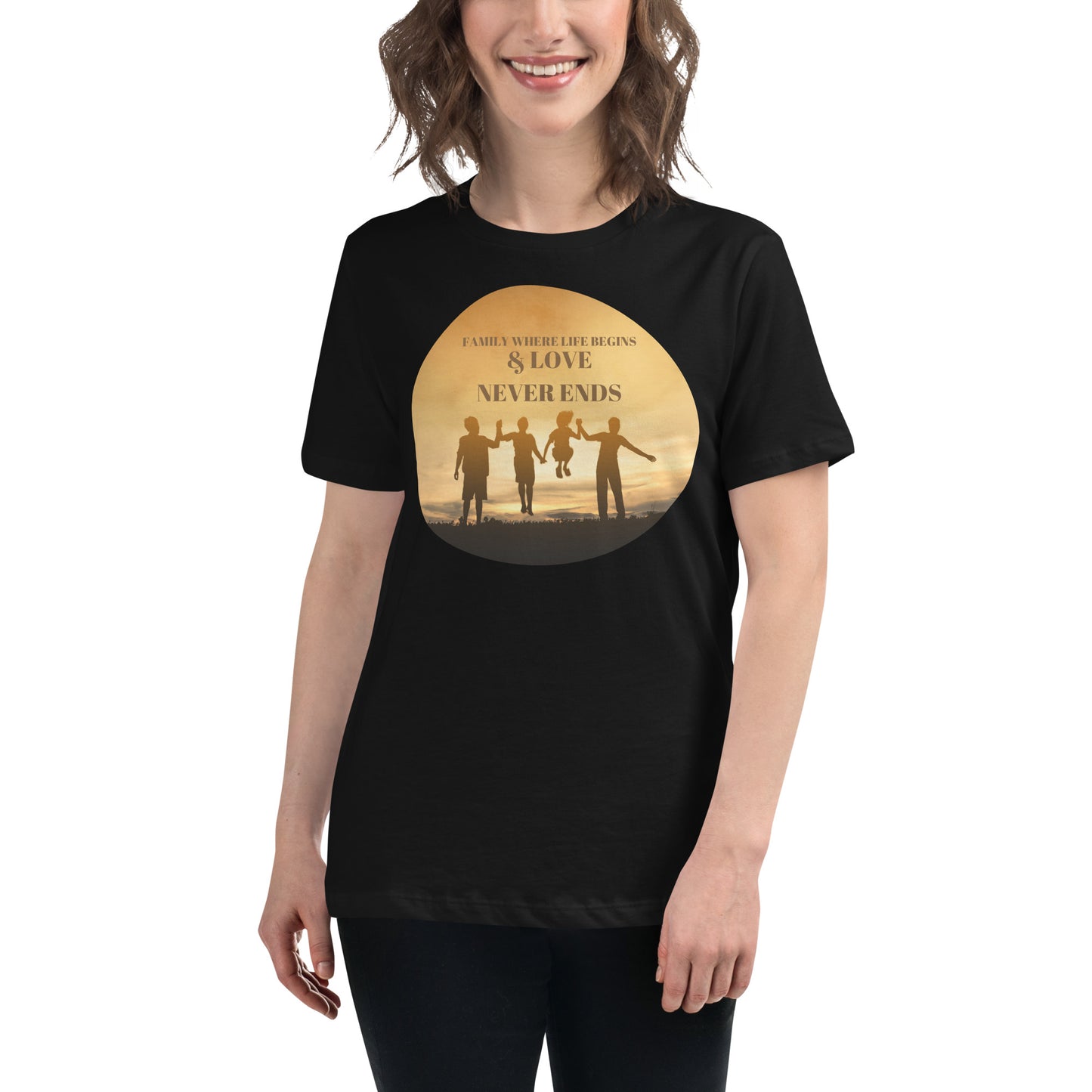 Family Where Life Begins & Love Never Ends - Sunset Silhouette Black Motivational Women’s T-Shirt Lifestyle