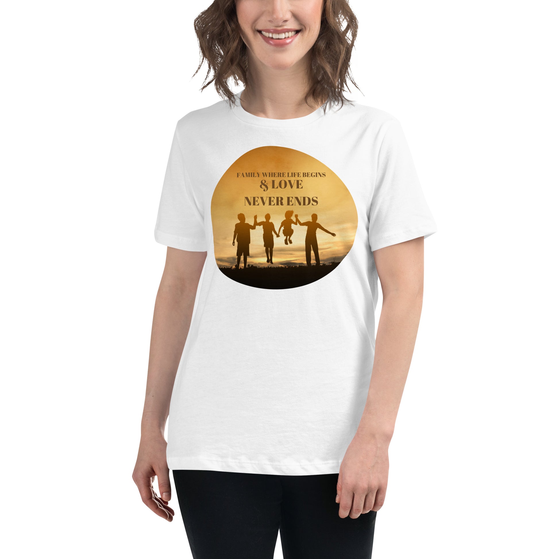 Family Where Life Begins & Love Never Ends - Sunset Silhouette White Motivational Women’s T-Shirt Lifestyle