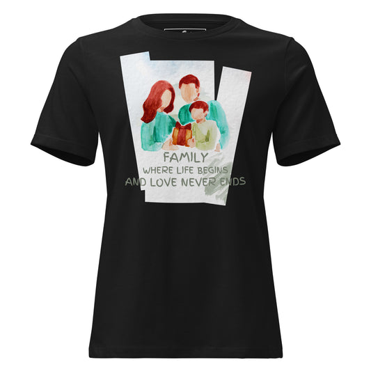 Family: Where Life Begins & Love Never Ends -  Watercolor Edition Black Motivational Women’s T-Shirt