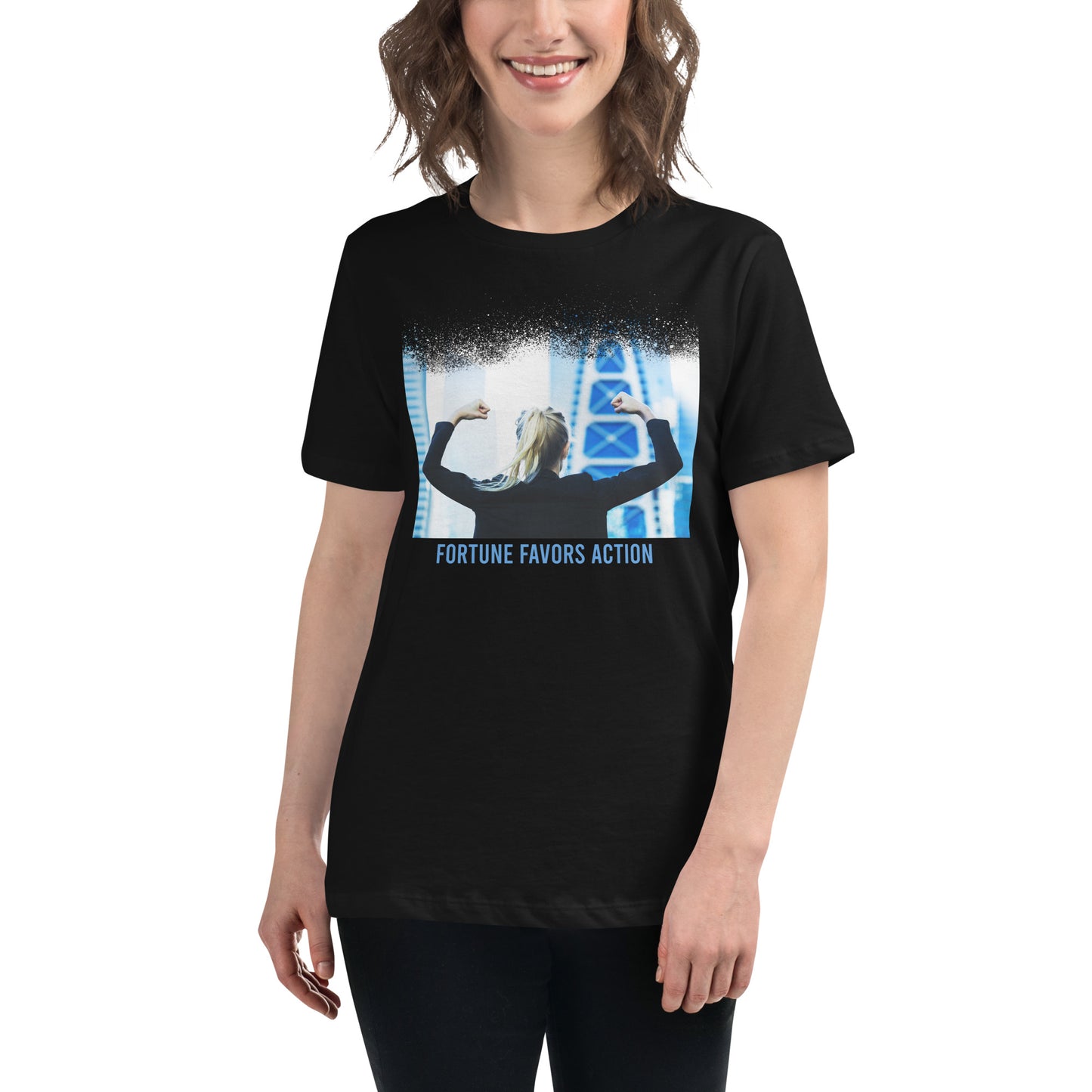 Fortune Favors Action II Black Motivational Women’s T-Shirt Lifestyle