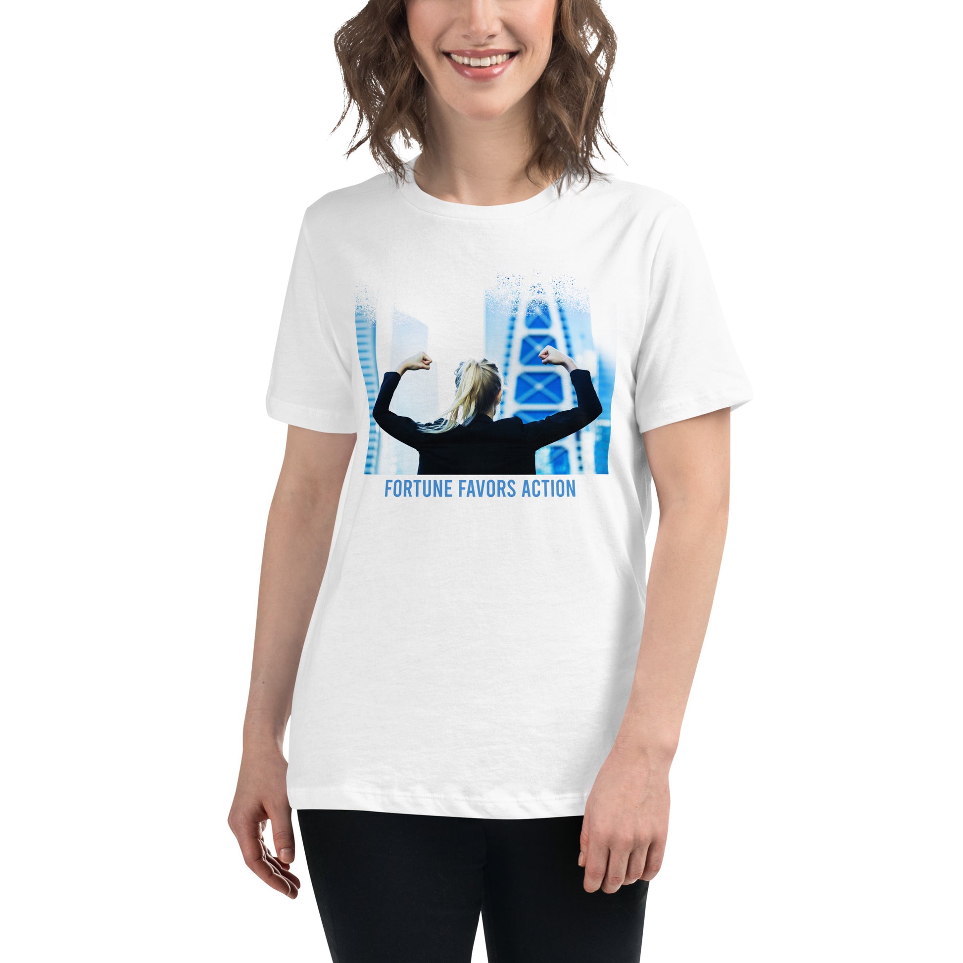 Fortune Favors Action II White Motivational Women’s T-Shirt Lifestyle