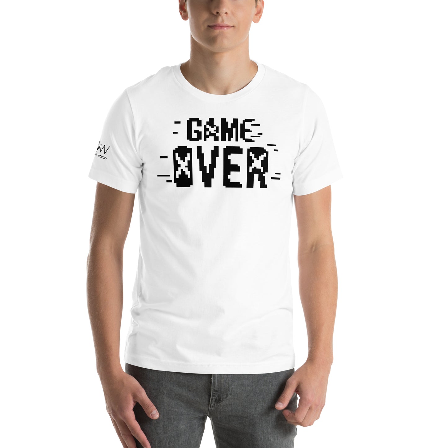 Game Over Pixel Art – Bold Retro White Motivational Men’s T-Shirt Lifestyle