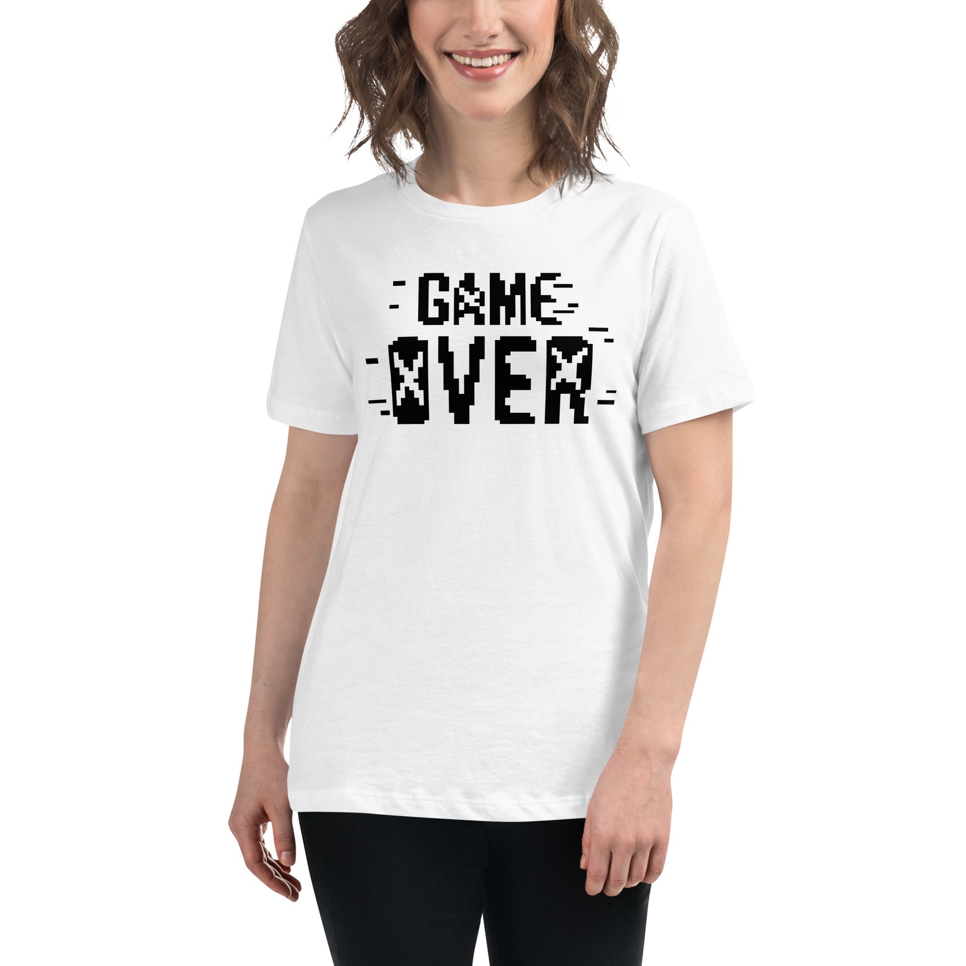 Game Over Pixel Art – Bold Retro White Motivational Women’s T-Shirt Lifestyle
